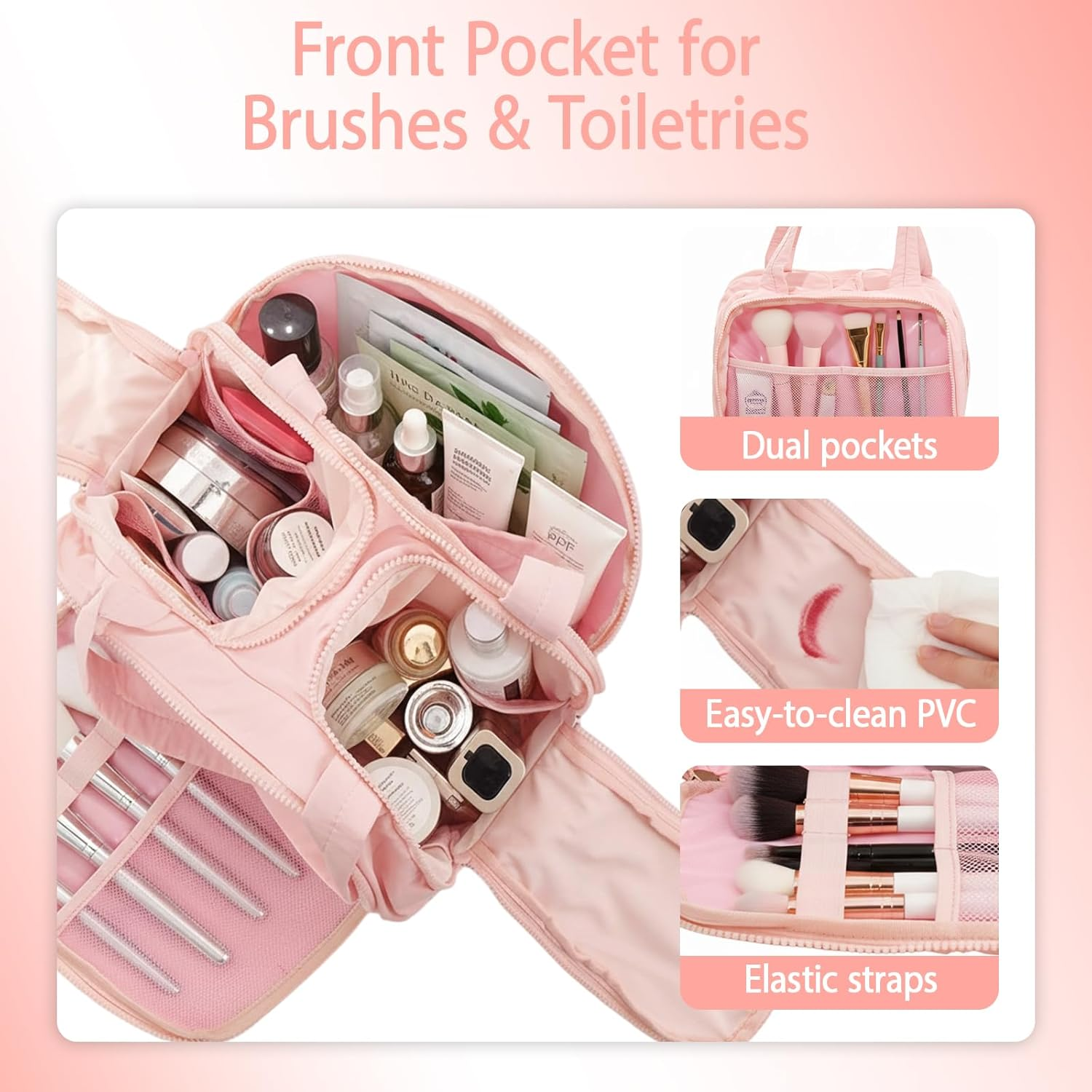 Travel Toiletry Bag, Pink Wide Opening Makeup Bag with Large Capacity, Compact Size 23X10X18Cm, Ideal for Women Travelling with Cosmetics and Toiletries image number 5