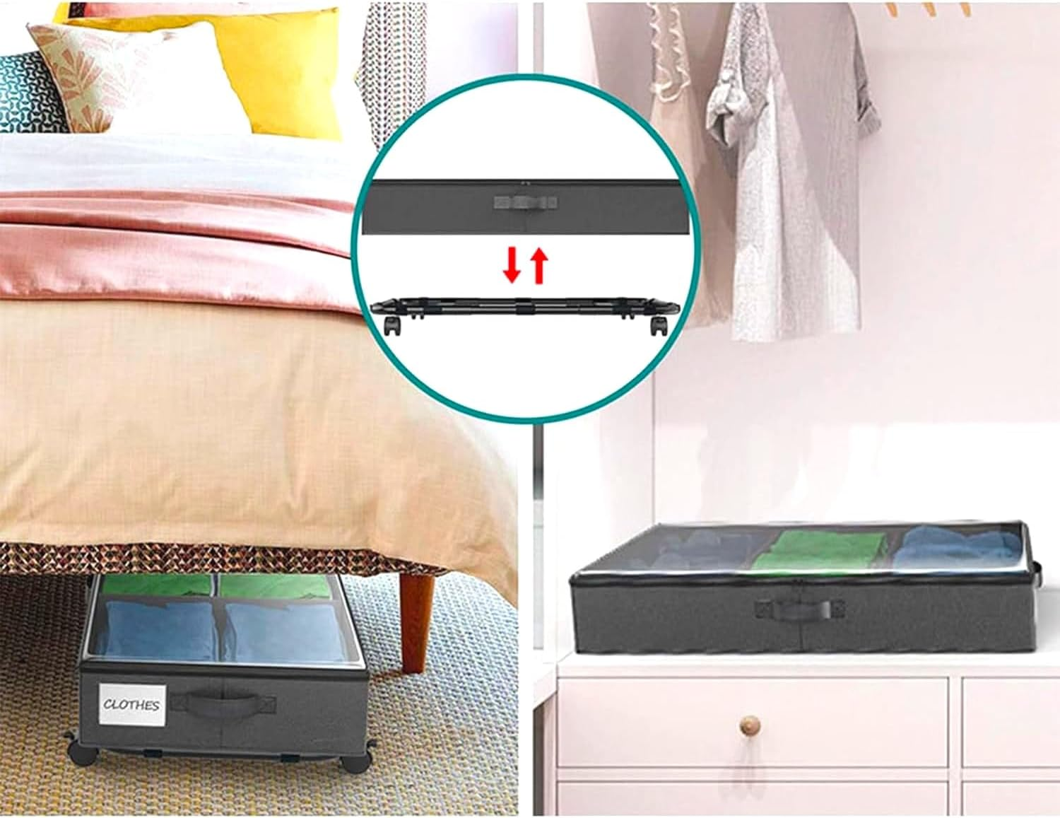 Under Bed Storage Containers with Dividers & Clear Lids, under Bed Storage with Wheels,Which Can Hold Clothes, Shoes, Toys (Black) - Grey image number 4