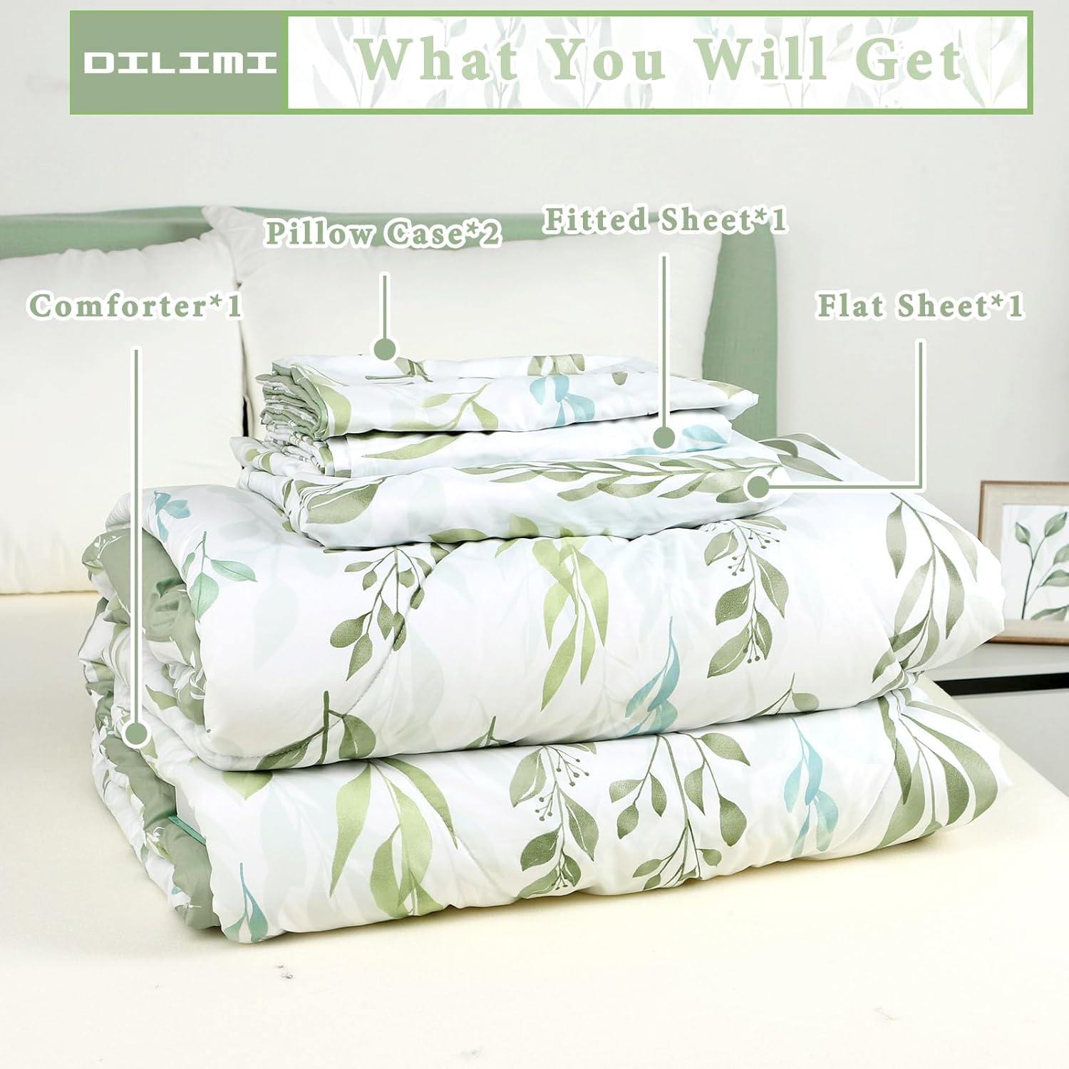 DILIMI Twin Comforter Set for Girls, Reversible 5 Pieces Comforter Twin Size Bed, Green Leaf Ultra Soft Twin Bedding Sets with Comforter, Flat Sheet, Fitted Sheet, 2 Pillowcase - Green Leaf image number 3