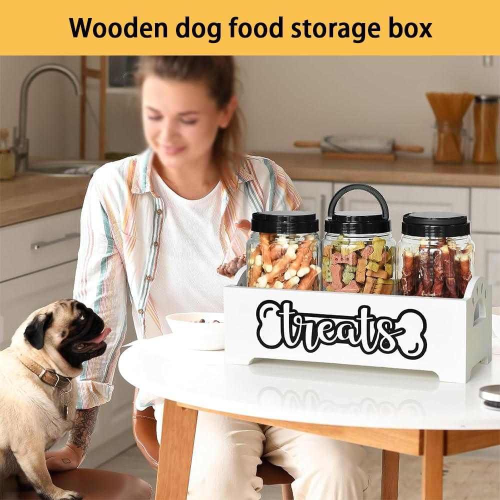 RUTREZOGO Wooden Dog Treat Organizer with 3 Airtight Jars, Pet Food Storage Container for Dogs, Cats, and Small Animals, Farmhouse Dog Treat Holder for Kitchen Counter or Home Decor image number 4