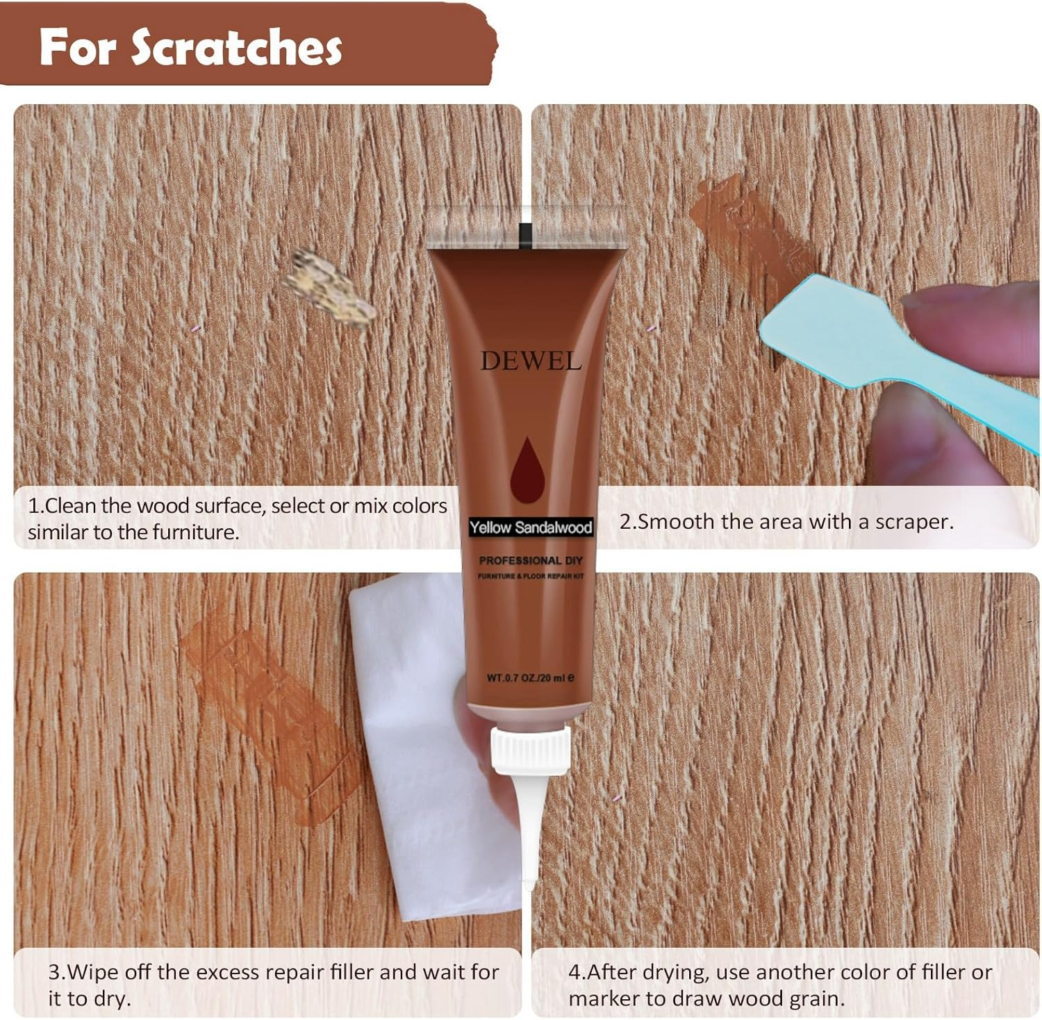 DEWEL Wood Furniture Repair Kit, 12 Colors Wood Fillers with Tools, Upgrade Furniture Fillers Touch up for Stains, Scratches, Wood Floors, Tables, Bedposts (Set of 16) image number 6