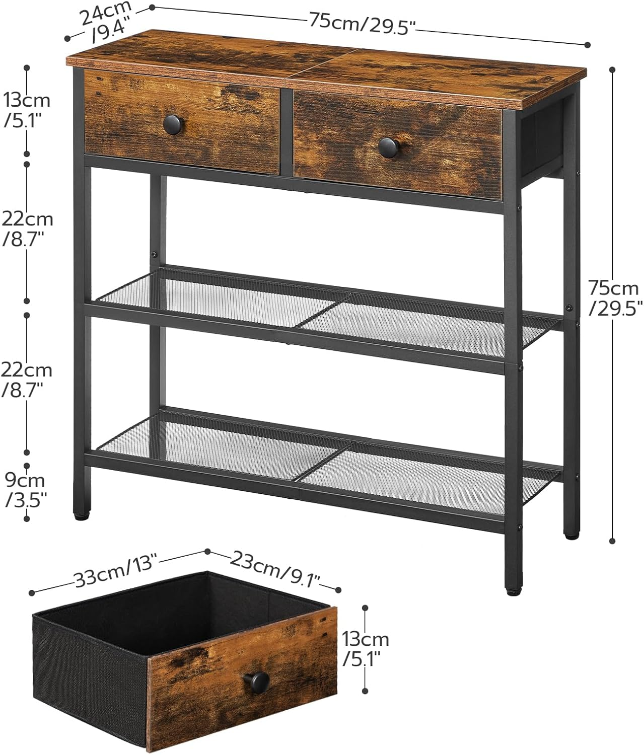HOOBRO 75 Cm Narrow Console Table with 2 Fabric Drawers, Small Entryway Table with 3-Tier Storage Hallway Shelves, Thin Sofa Table, Side Table, for Living Room, Rustic Brown and Black BF72XG01 image number 5