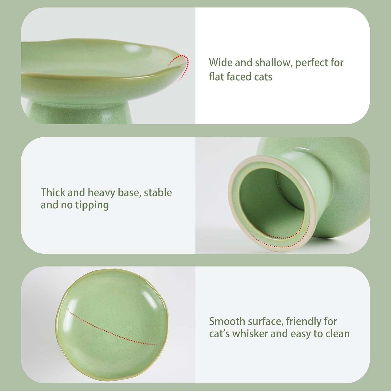 Wide Shallow 6.1" Raised Cat Bowls, Ceramic Elevated Food Bowl for Flat Faced Cats and Small Dogs, Porcelain Feeder Bowl, Stress Free, Protect Cat&rsquo;S Spine, Green image number 2