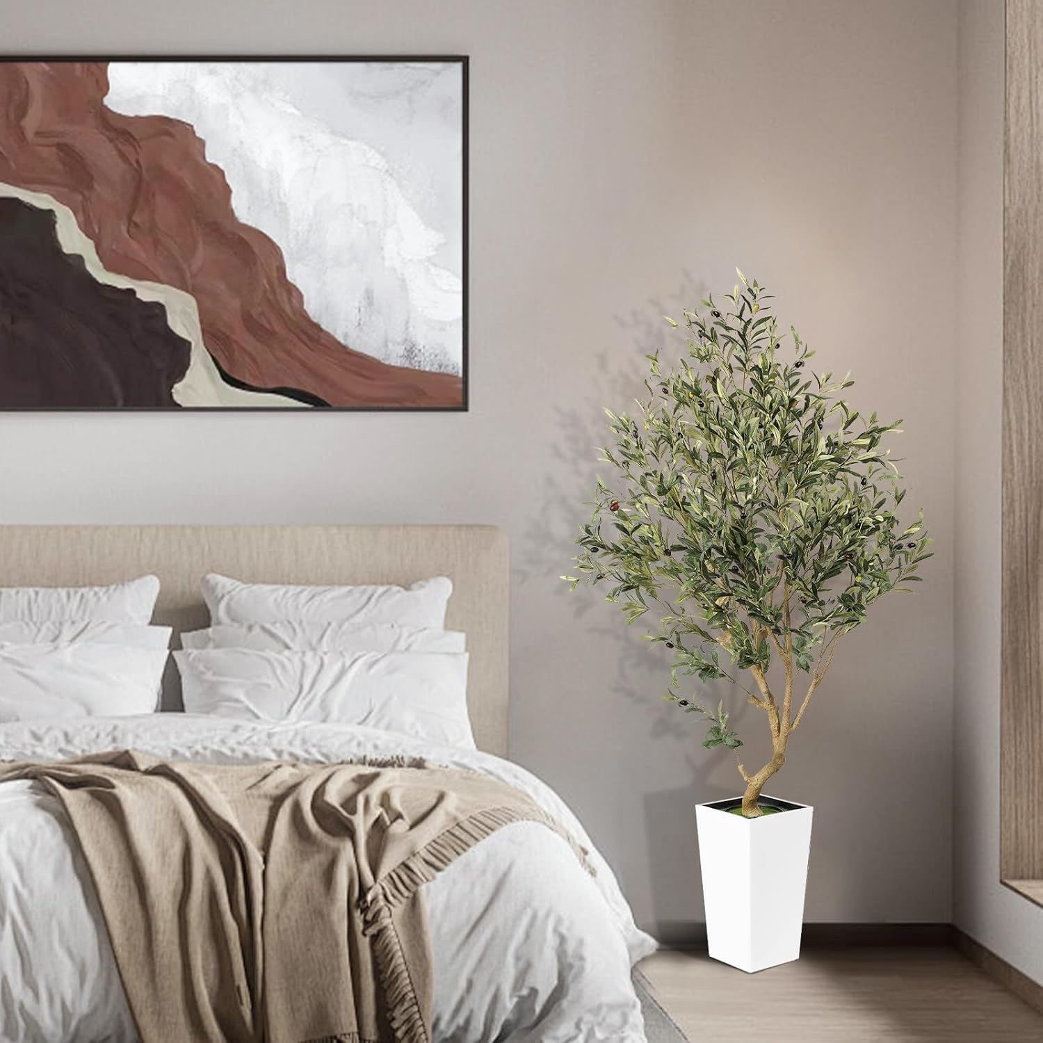 PHYTREE Artificial Olive Tree, 5.5FT Faux Olive Tree with White Tall Planter, Large Fake Potted Olive Plants with Lifelike Fruits and Realistic Trunk, Artificial Trees for Home Office Decor Indoor image number 3