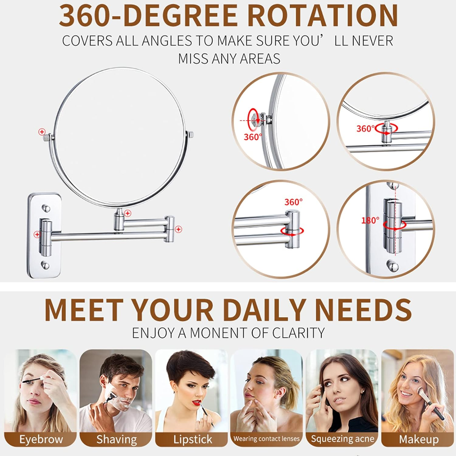 8" Wall Mounted Makeup Mirror with Magnification, Double Sided Magnifying Mirror, Extendable Cosmetic Vanity Mirror for Bathroom,Chrome,7X image number 6