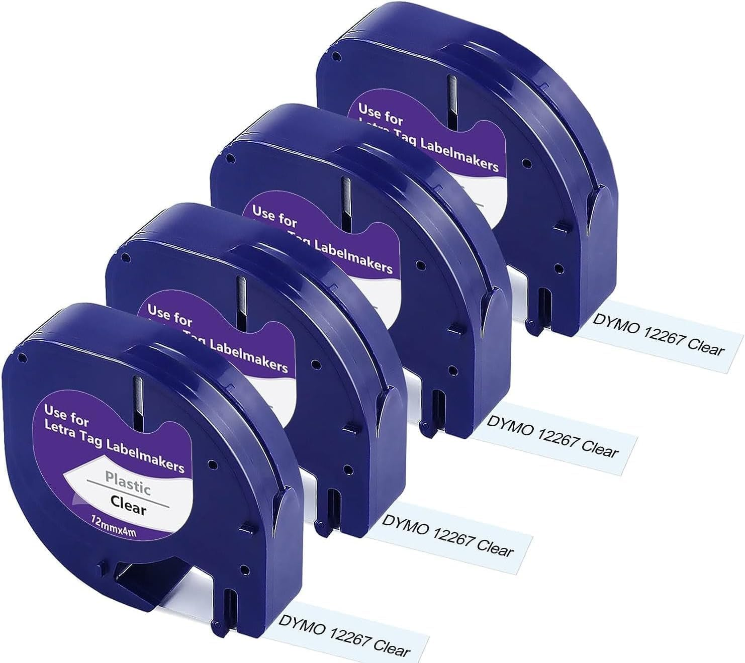 12267 Black on Clear Compatible Dymo Letratag Plastic Labels Tape 12Mm X 4M, Label Maker, 4 Pack image number 1