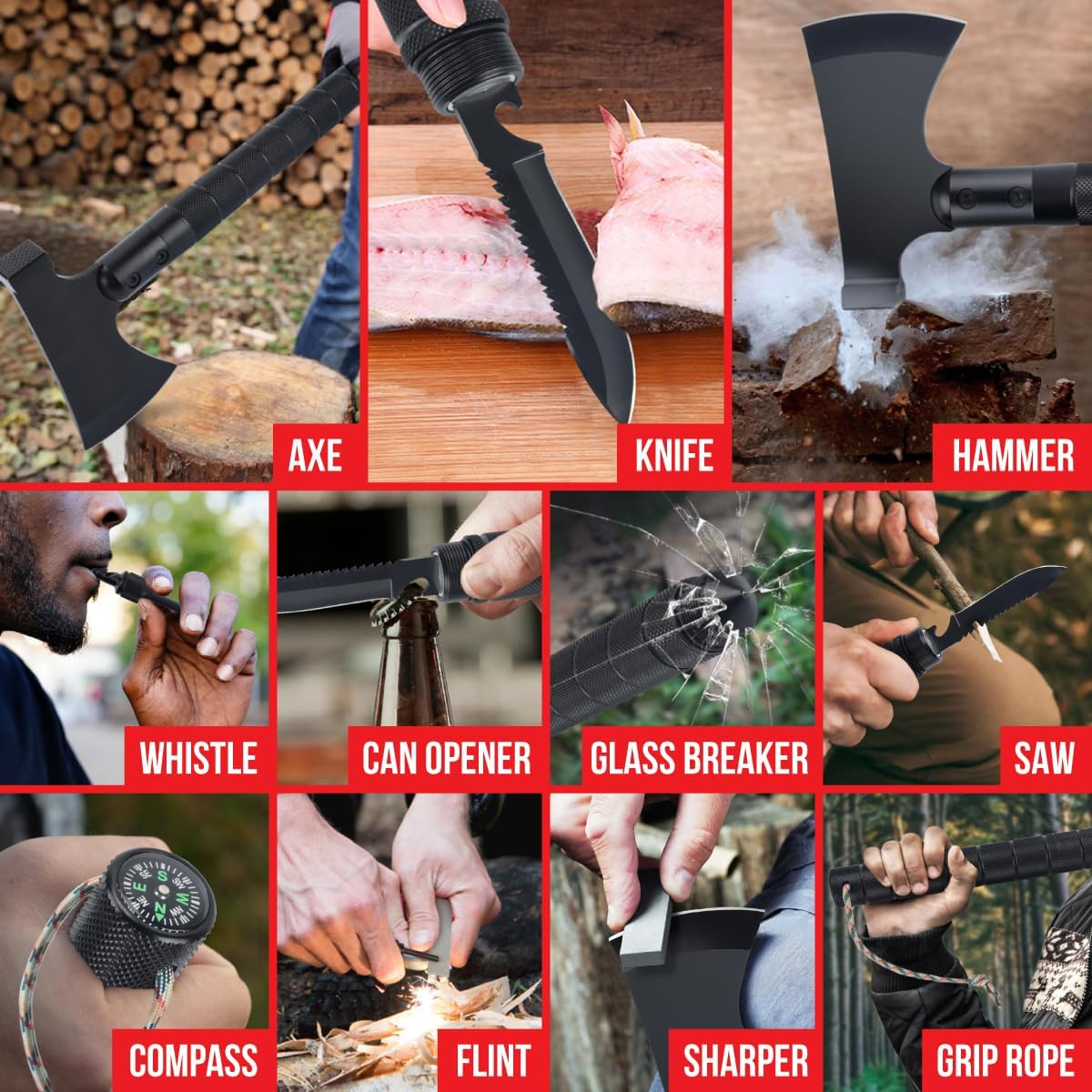 POLE9 Survival Axe 11-In-1 Multitool Axe - Outdoor Axe with 11 Functions of Camping Axe, Flint, Knife, Whetstone, Saw, Hammer and Many More - Optimal Survival Tool image number 5