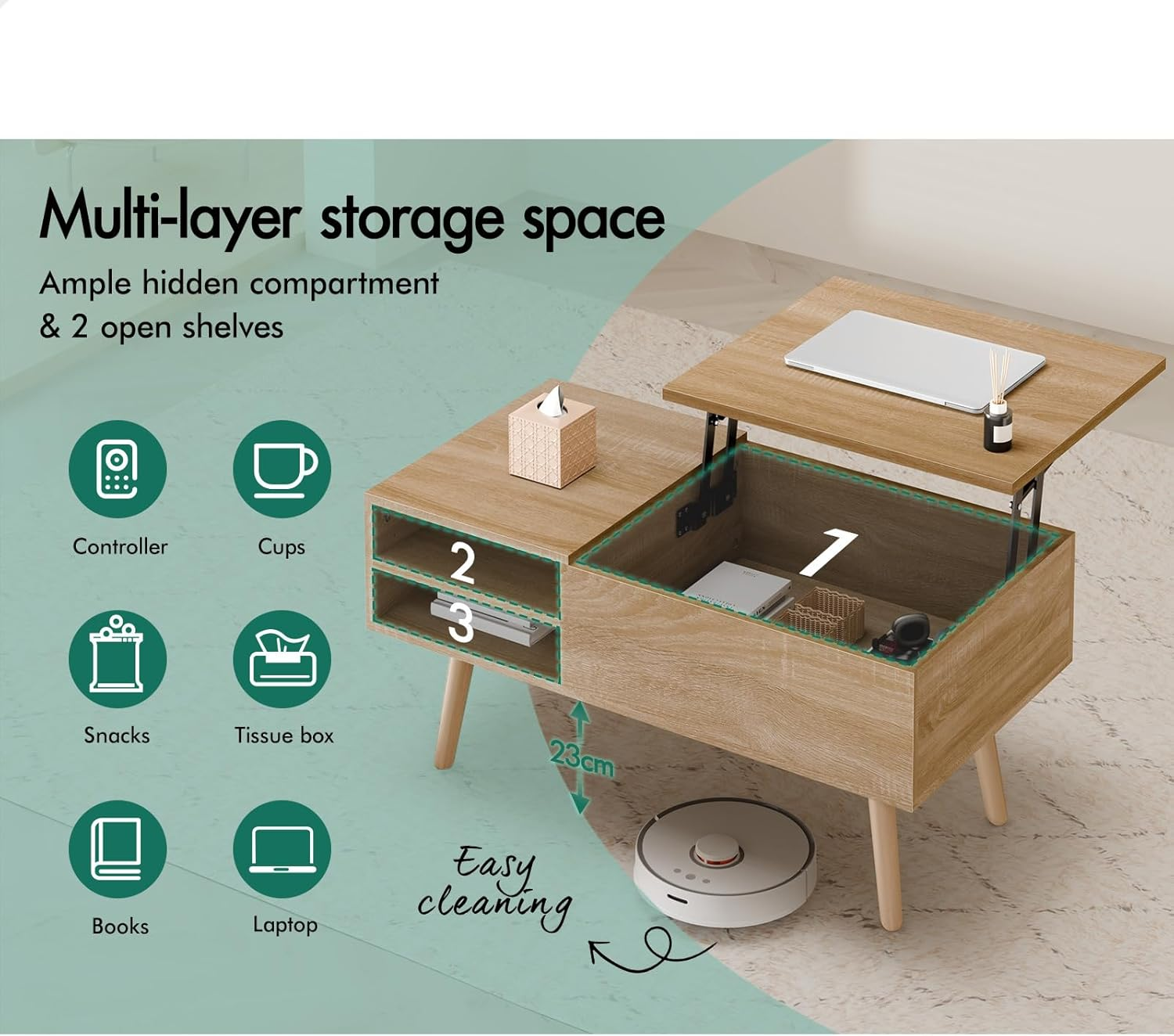 ALFORDSON Lift Top Coffee Table with Hidden Compartment and Side Open Shelves, Rising Tabletop Dining Table for Living Room Office Reception, Convertible Center Table, Wood