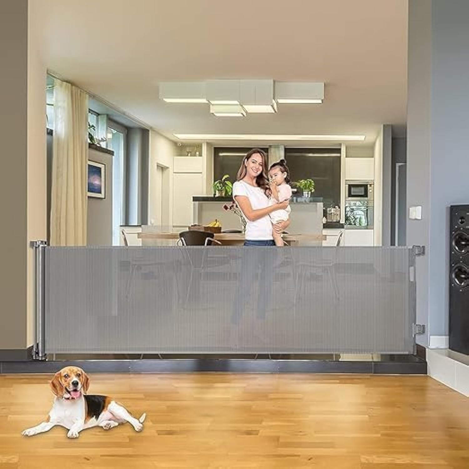 Baby Gate, Auto Close Safety Baby Gate, 59"*33.8" Baby Gate Stairs, Retractable Baby Gate for Doorway for Kids or Pets, Indoor and Outdoor Dog Gates (Grey, 59"*33.8")