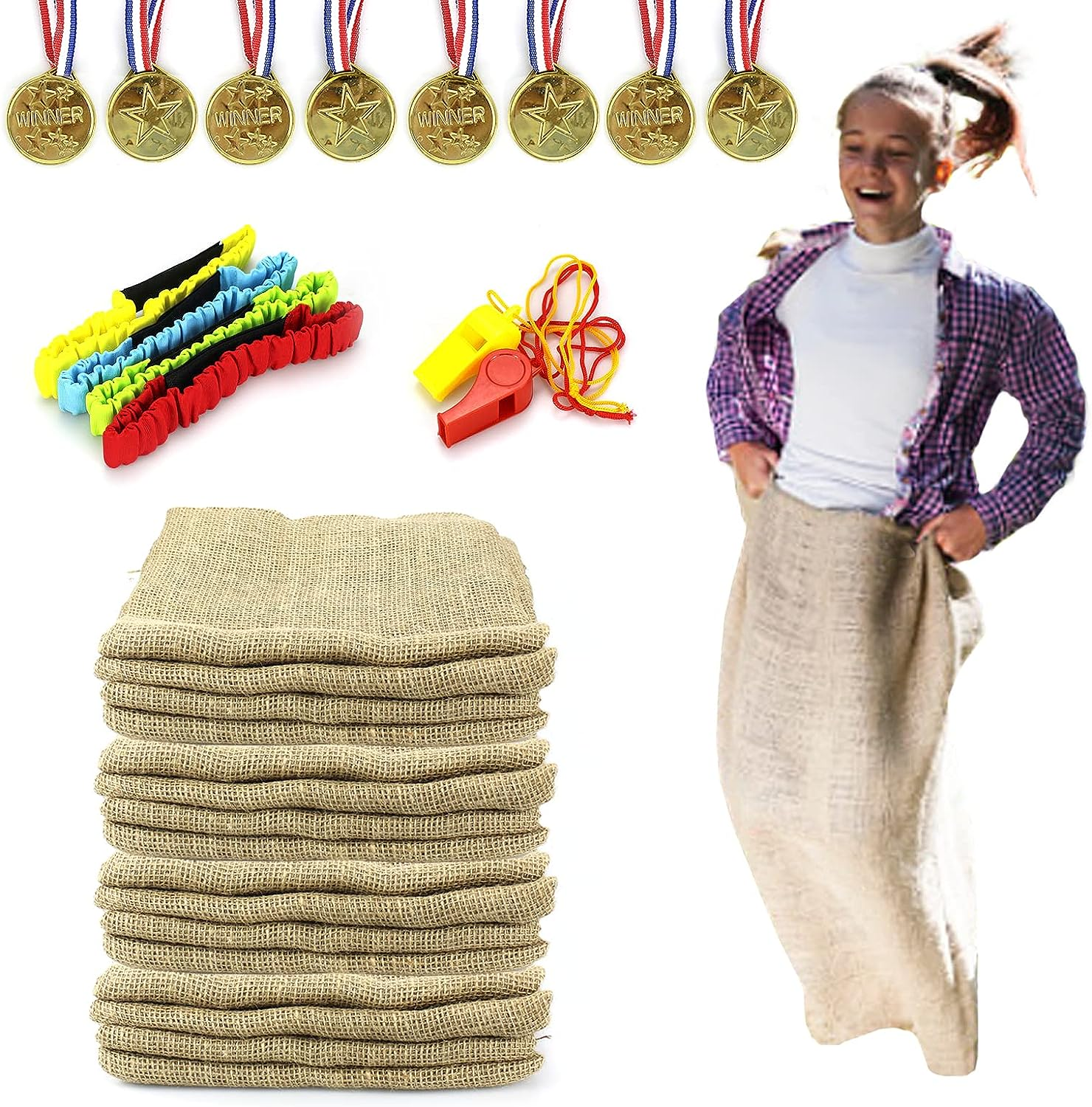 Xlong 18 PCS Large Burlap Potato Sack Race Bags,24X40 Sack Race Burlap Bags,Outdoor Games for Kids Adults,3 Legged Race Bands,Fun for 4Th of July Bbq,Birthday Party Family Reunion Games