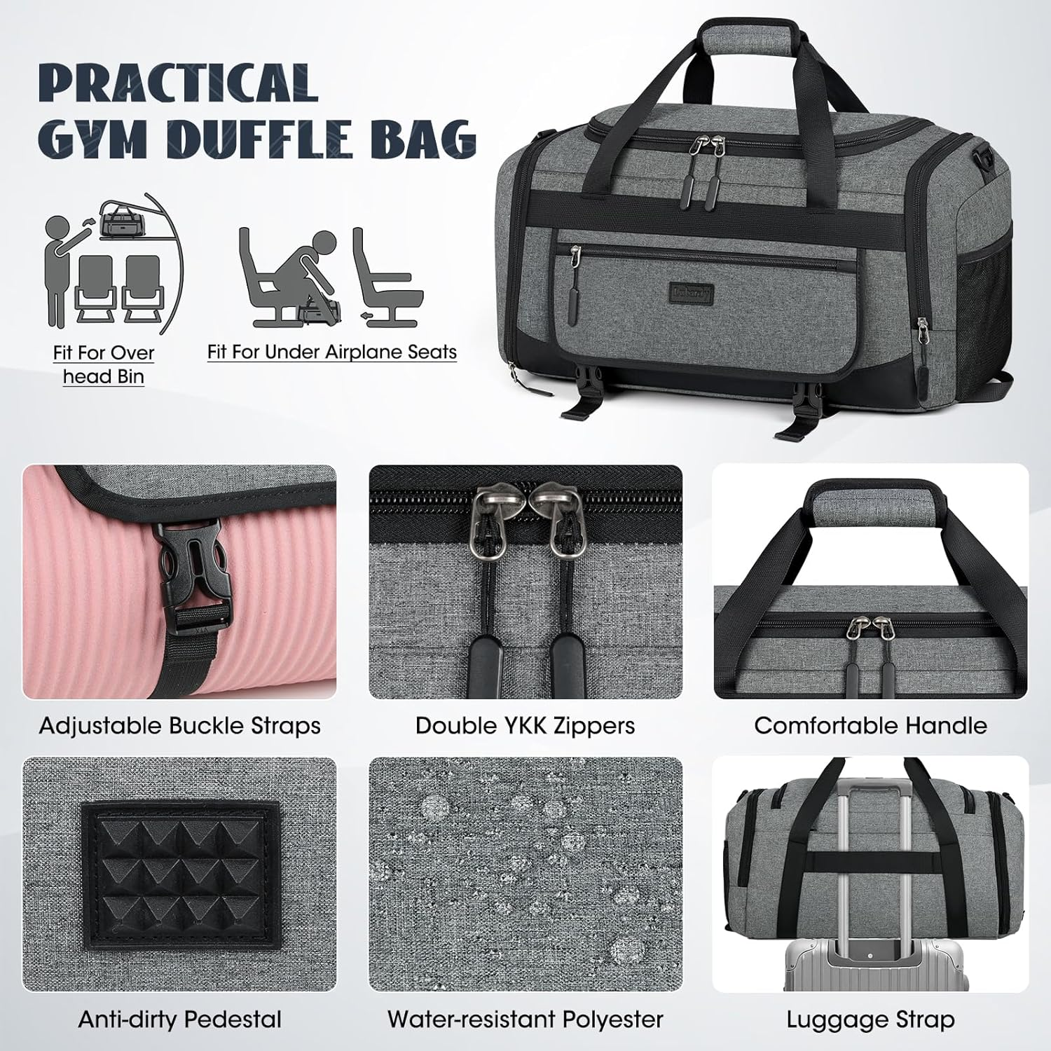 Gym Bag for Men 40L Sports Duffel Bags Gym Duffle Bag Women with Shoe Compartment & Wet Pocket Water Resistant Travel Duffel Bag Lightweight Weekender Overnight Bag Black, Grey, 40L, Duffle Bag Women image number 2