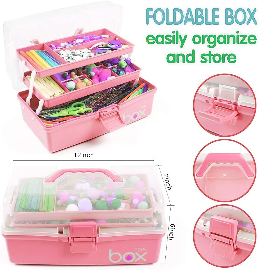 12In Three-Layer Multipurpose Storage Box Organizer Folding Tool Box/Art & Crafts Case/Sewing Supplies Organizer/Medicine Box/Family First Aid Box with 2 Trays (Pink)