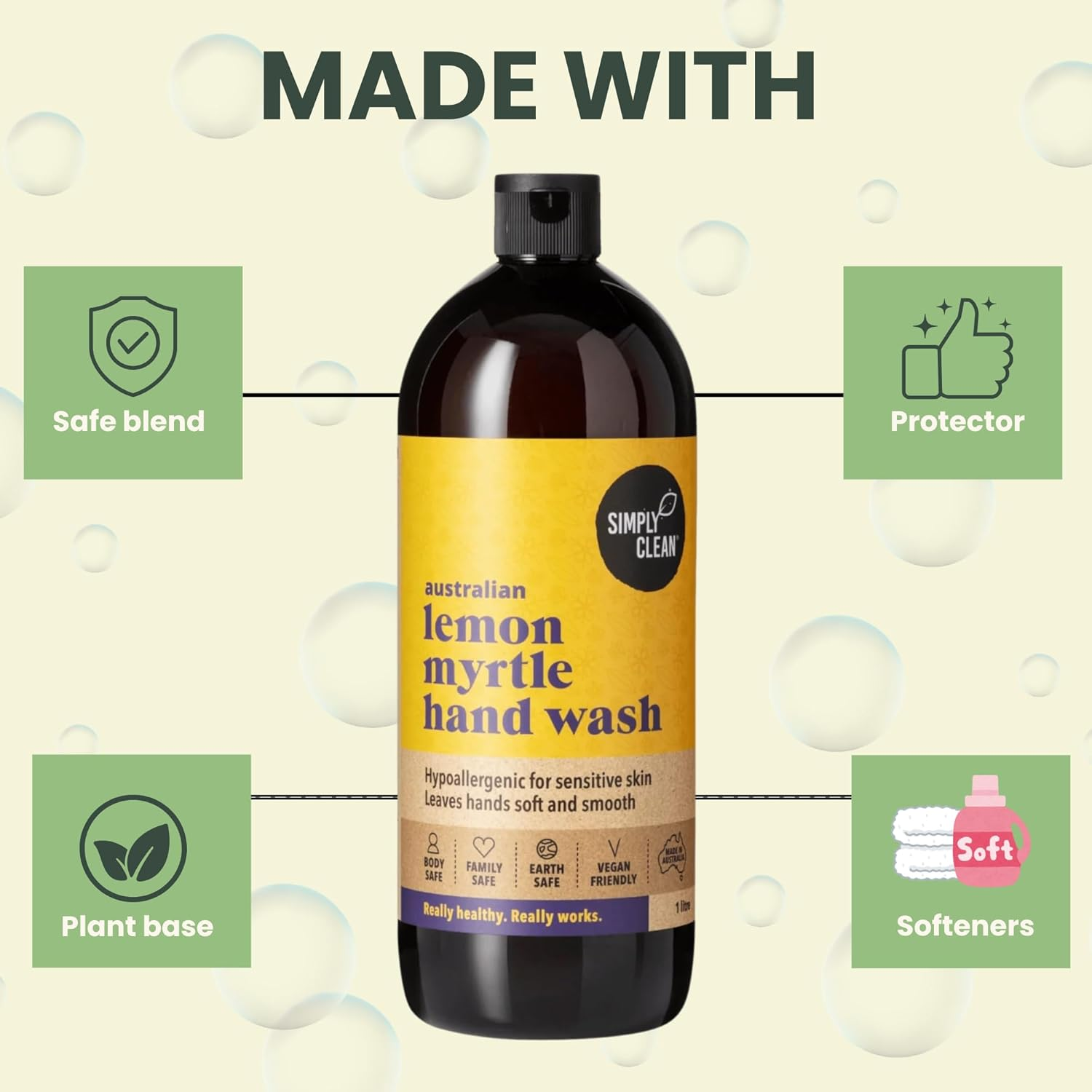 Simplyclean Lemon Myrtle Hand Wash &ndash; Natural Hand Cleanser with Pure Australian Lemon Myrtle Essential Oil &ndash; Creamy Ph 5.5 Formula &ndash; SLS and SLES Free &ndash; Gentle on Skin &ndash; 1 Litre image number 6