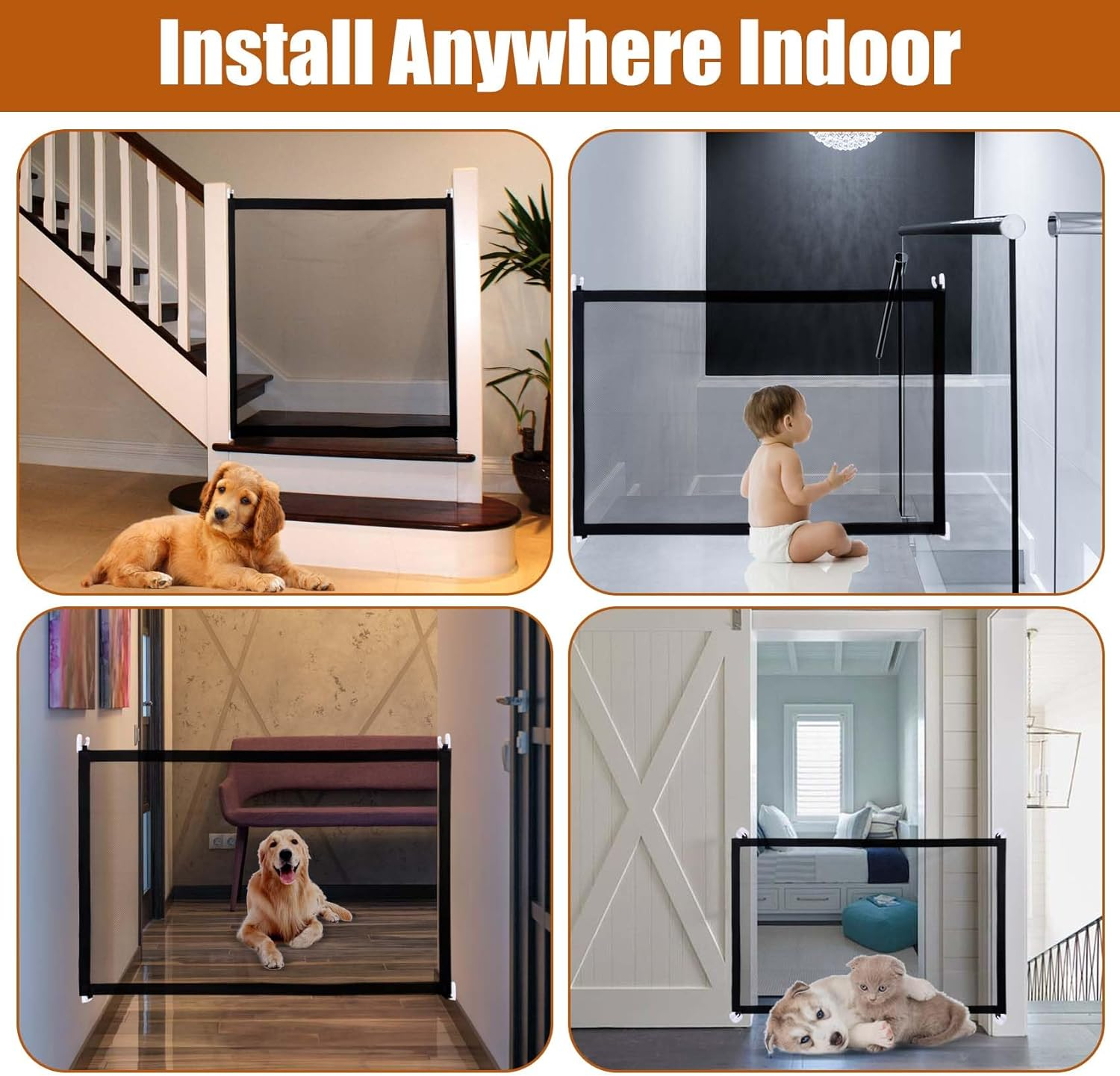 JINGIHE Pet Gate,180 X 72Cm Mesh Gates with 4 Hooks Stainless Steel Support Rod for Kids and Pet Protection,No Drilling Portable Cat Barrier for Home Doorways Stairs Hallways Indoor Outdoor image number 1