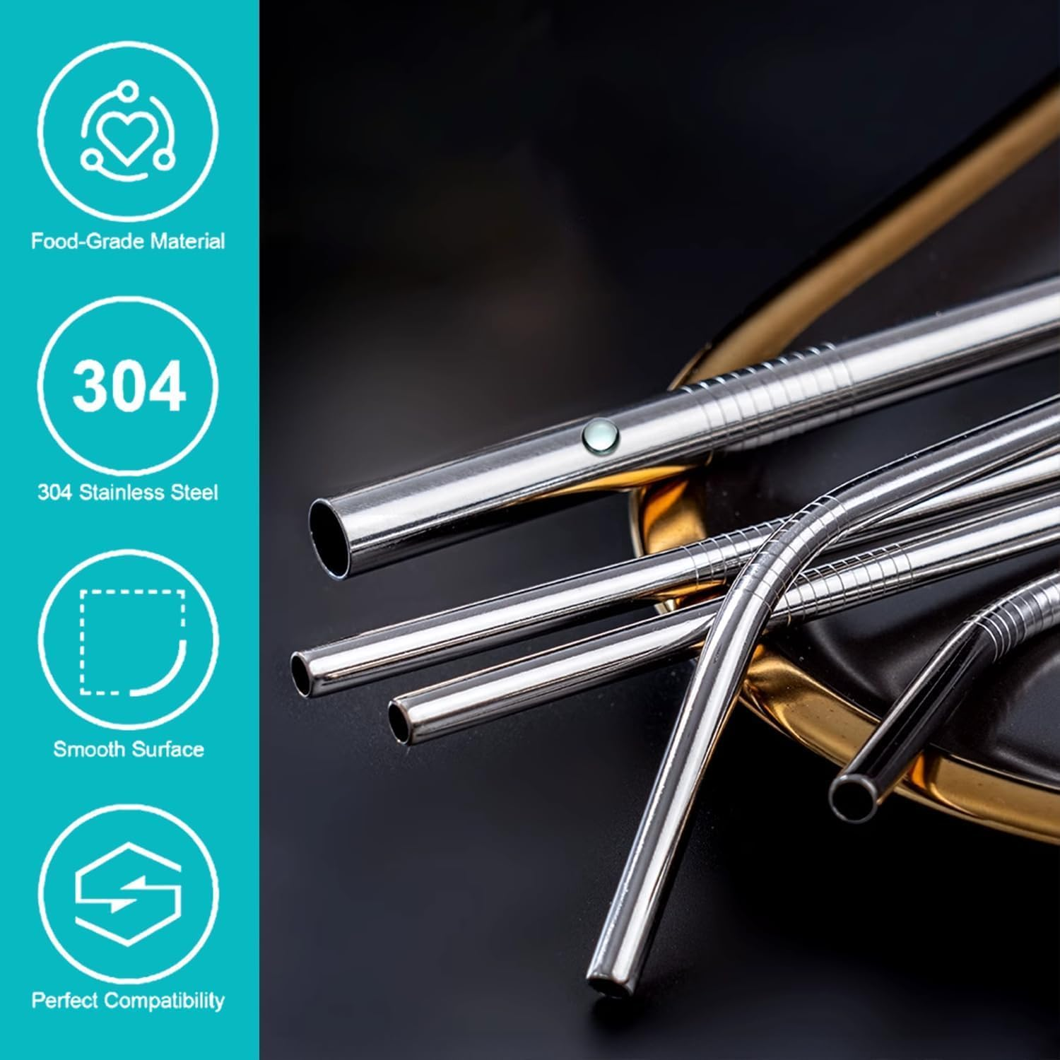 13-Piece Premium Stainless Steel Straw Set &ndash; Reusable Metal Straws with 4 Straight, 5 Bent, 2 Wide Boba Straws & 2 Cleaning Brushes &ndash; Eco-Friendly & Durable Straws (Silver) image number 2