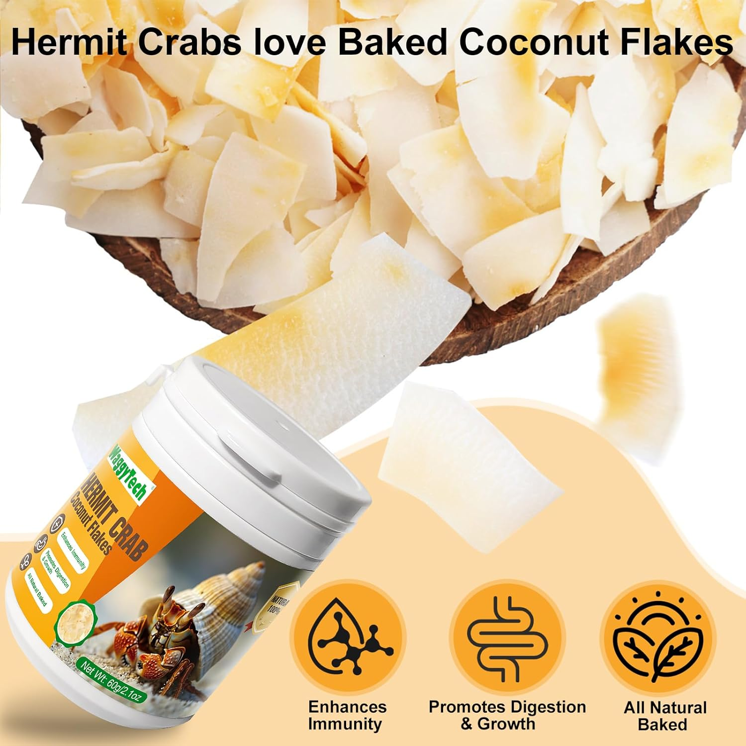 Hermit Crab Food - Baked Coconut Treat, Natural Dried Coconut for Crab Healthy & Additive Free, Easily Digestible Hermit Food Hermit - Ideal Crab Pet Snacks, Crispy & Delicious | 60G (Large) image number 1