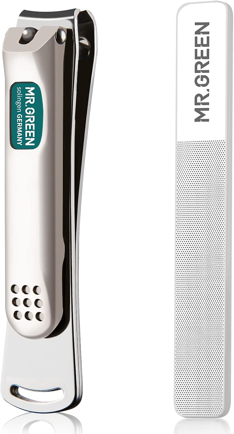 MR.GREEN Nail Clippers Curved Blades Fingernail Cut Nippers Manicure Scissors Stainless Steel Pedicure Tools (Large+Glass File)