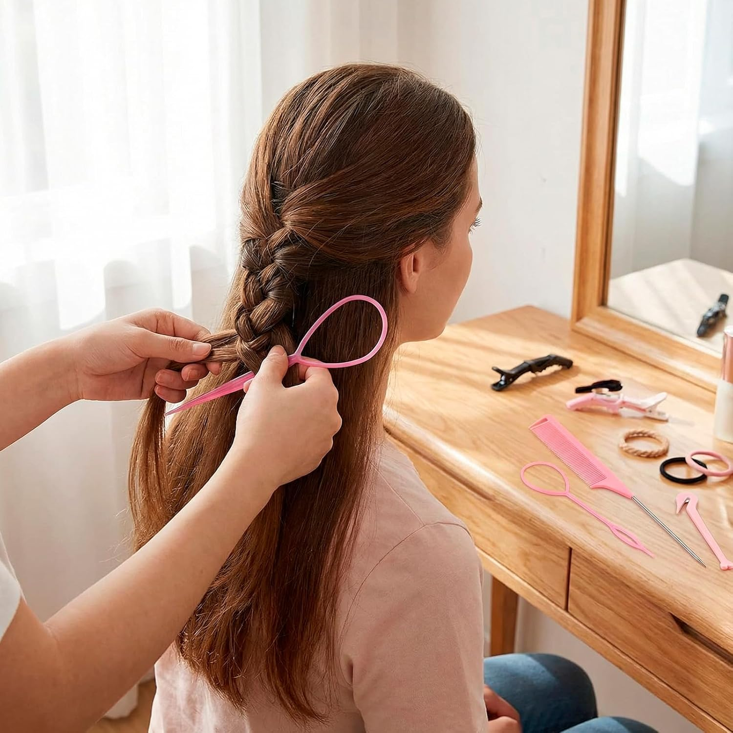 JANGJANG 4Pcs Hair Braiding Tool Kit Professional, Hair Styling Loop Ponytail Maker with French Braid Design, Hair Tail Tool Kit Includes Hook, Comb, and Accessories Ideal for Easy Styling image number 3