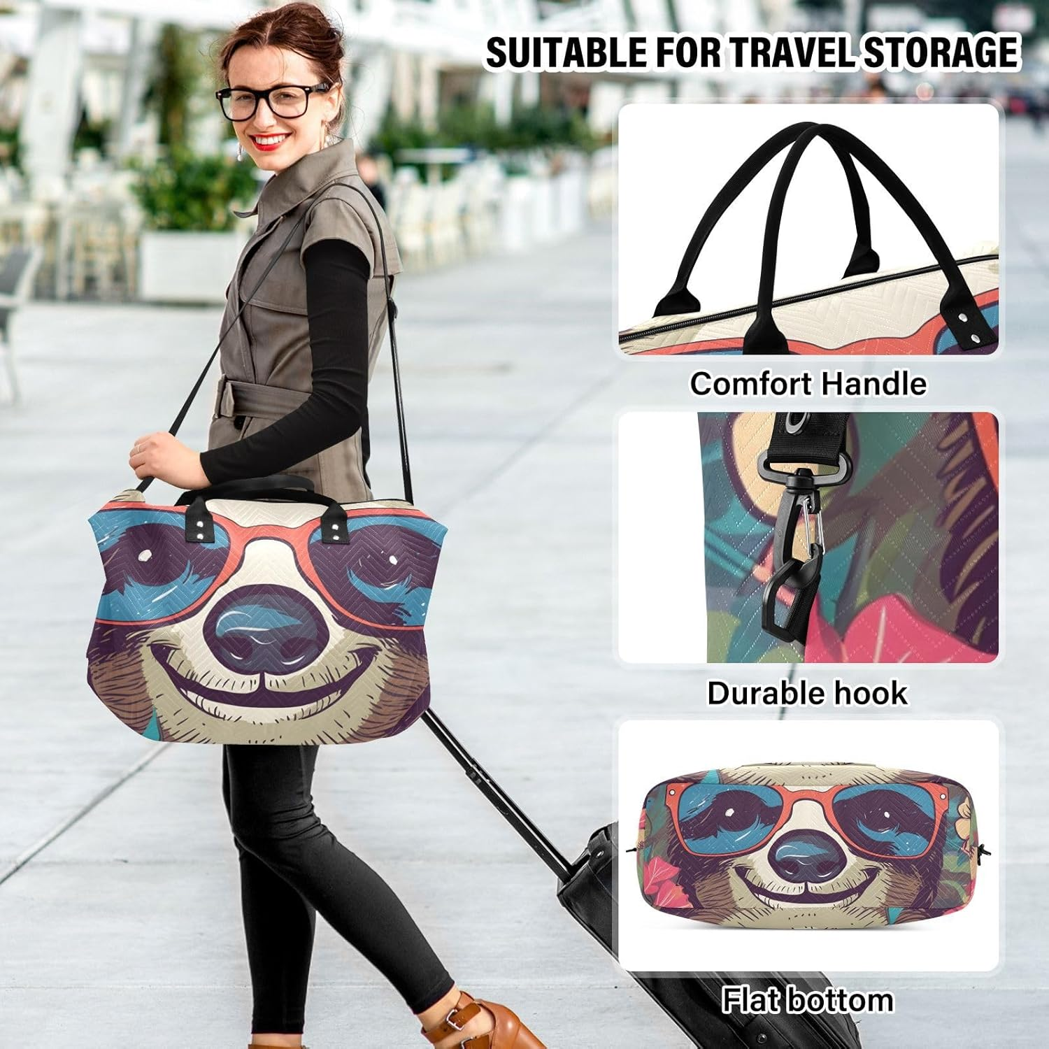 XYMZR Large Travel Duffel Bag, Happy Sloth Glasses Sports Tote Gym Bag, Shoulder Weekender Overnight Bag for Women Men, Carry on Luggage with Toiletry Bags, Multi-Colored, Multi-Colored