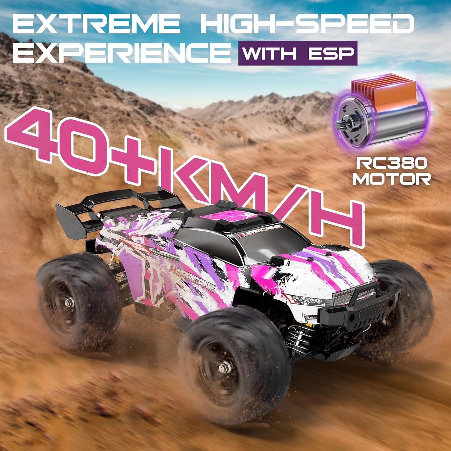 Pink Remote Control Car for Girls, 1:18 Fast Rc Cars for Girls with 40+ KM/H 4WD Off-Road Rc Truck, Includes 2 Rechargeable Batteries, 8 9 10 11 12 13 Year Old Girl Gifts image number 5