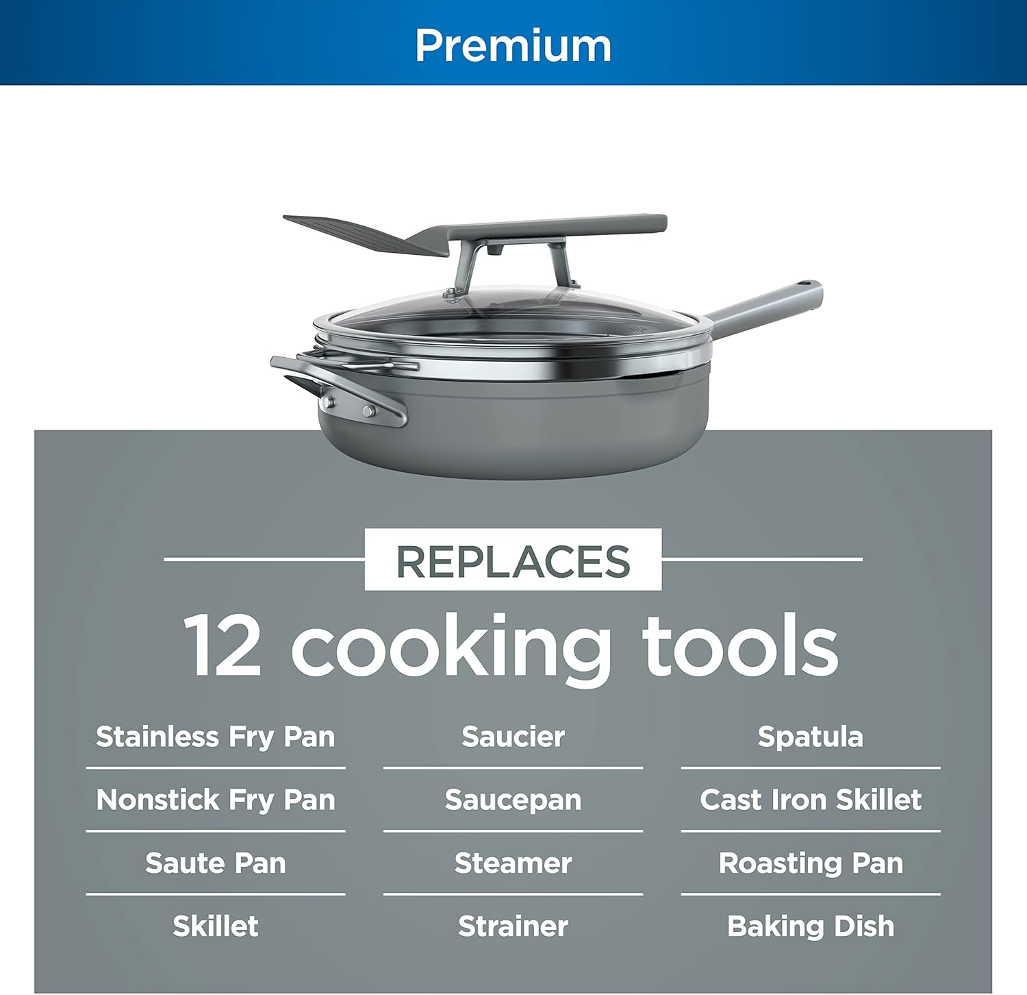 Ninja CW102GY Foodi Neverstick Possiblepan, Premium Set with 4-Quart Capacity Pan, Steamer/Strainer Basket, Glass Lid & Integrated Spatula, Nonstick, Durable & Oven Safe to 500&deg;F, Sea Salt Grey image number 5