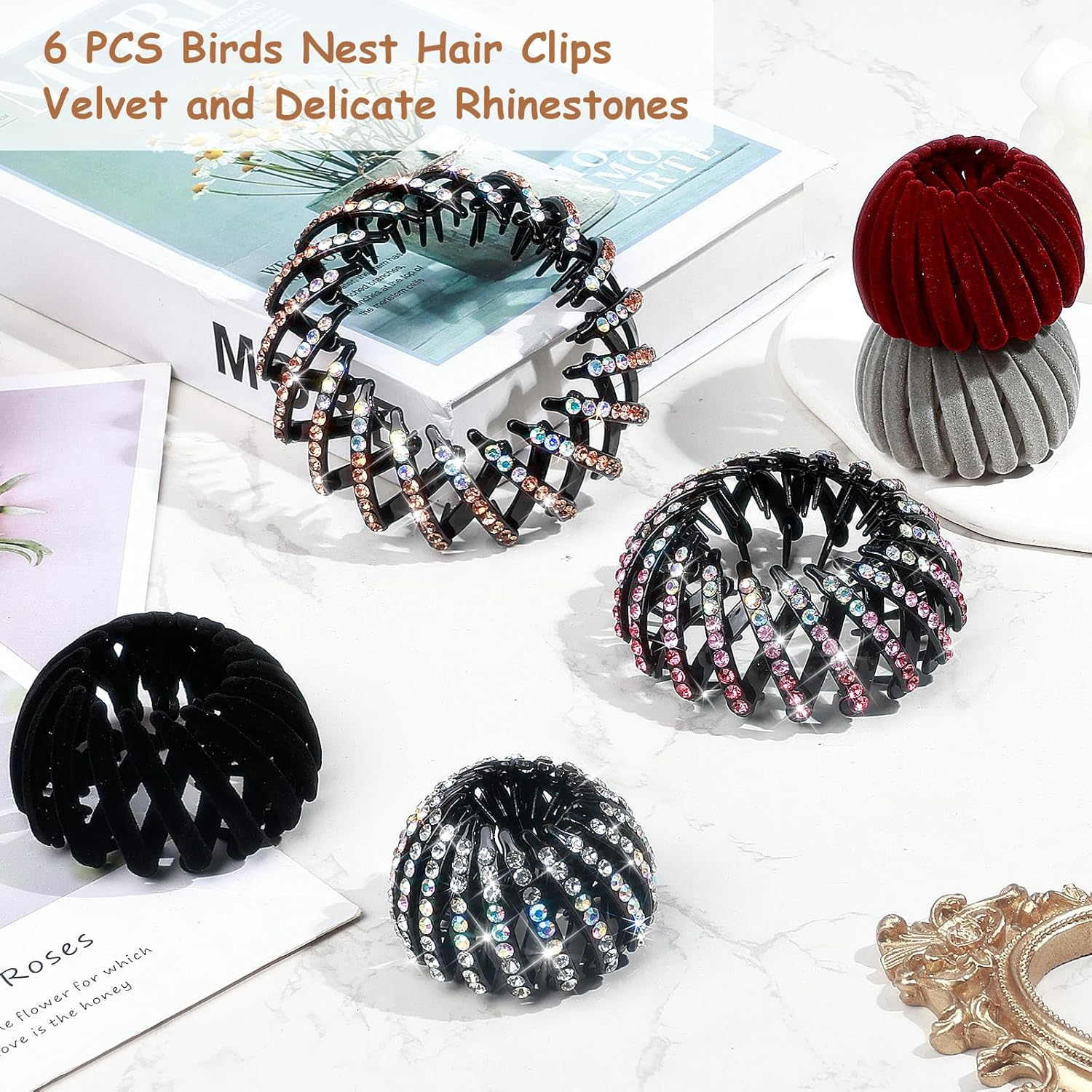 DIQIUREN 6 PCS Expandable Birds Nest Hair Clip Accessories for Women and Girls, 3 PCS Rhinestone Bird Nest Magic Hair Clip for Ponytail Holder and 3 PCS Fixed Velvet Birds Nest Hair Clips for Women image number 4