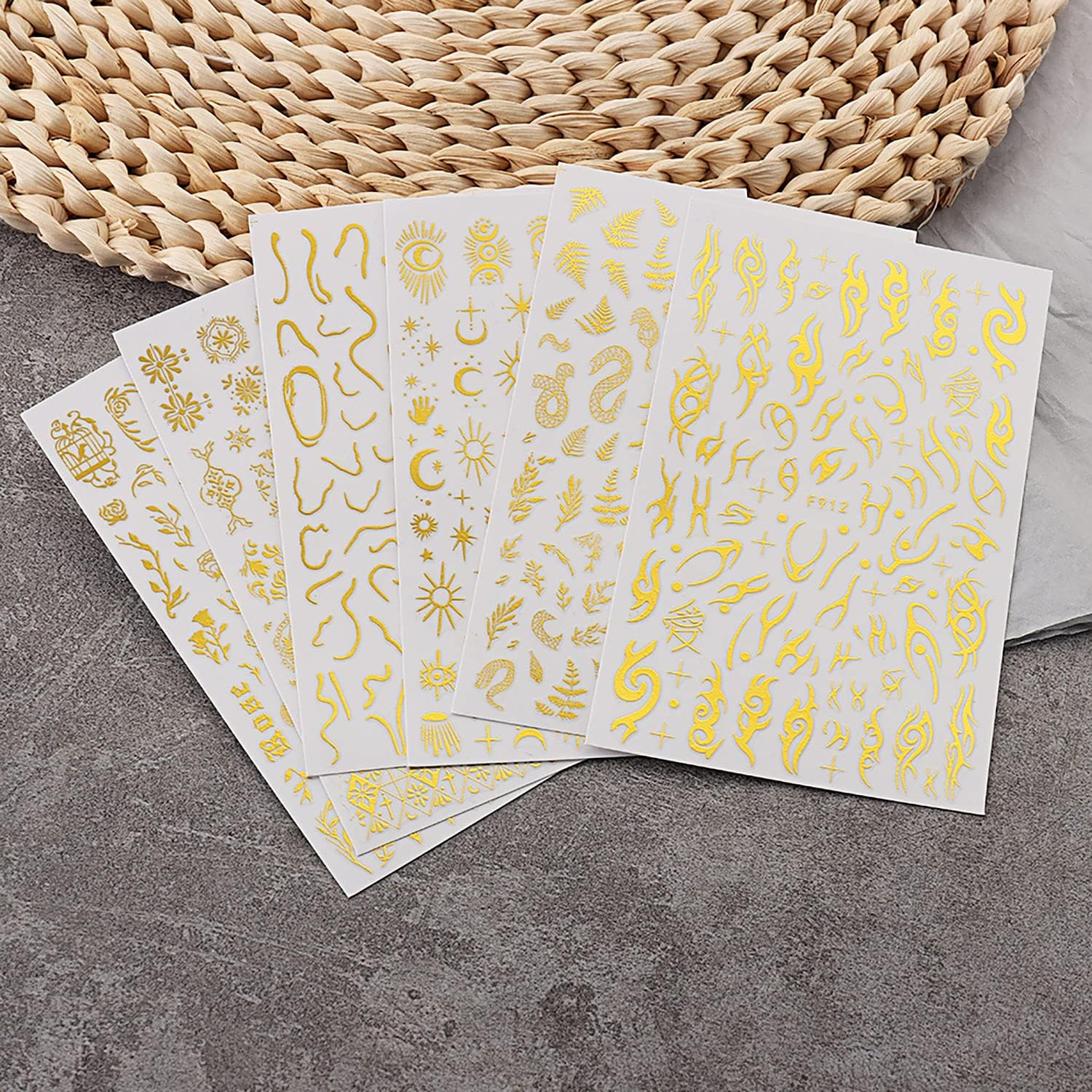 6 Sheets Gold Nail Art Adhesive Sticker 3D Self-Adhesive Nail Decals Art Design Holographic Moon Sun Stars Nail Art Sticker Decoration for Women Manicure Tips Acrylic Nails DIY Nails Art Supplies image number 3