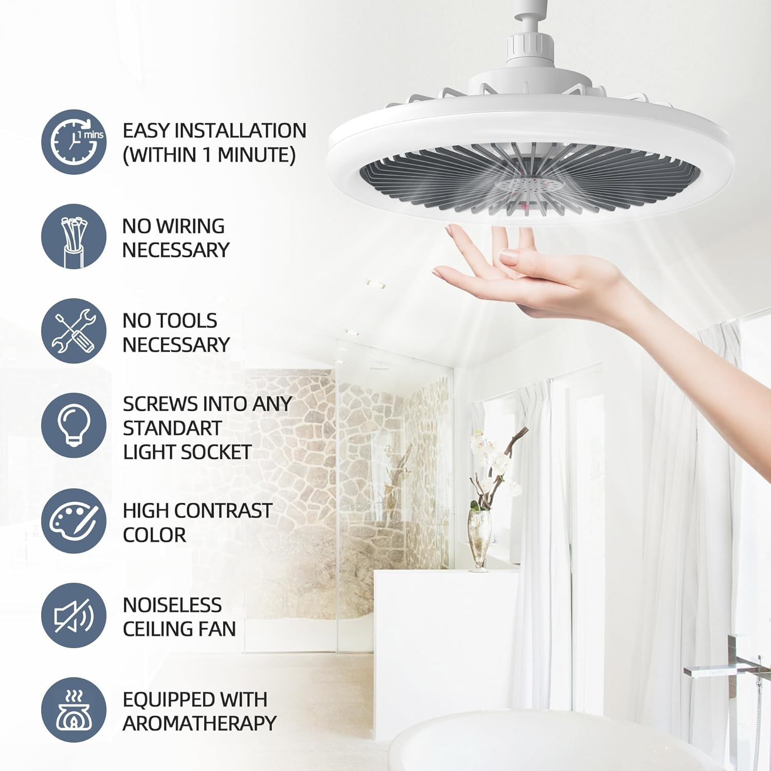 Ceiling Fan with Light and Remote Indoor, Socket Ceilings Fans Enclosed 10" with Light E26 3 Colors Infinitely Adjustable LED Mini Ceiling Fans for Bathroom/Bedroom/Living Room/Garage/Kitchen