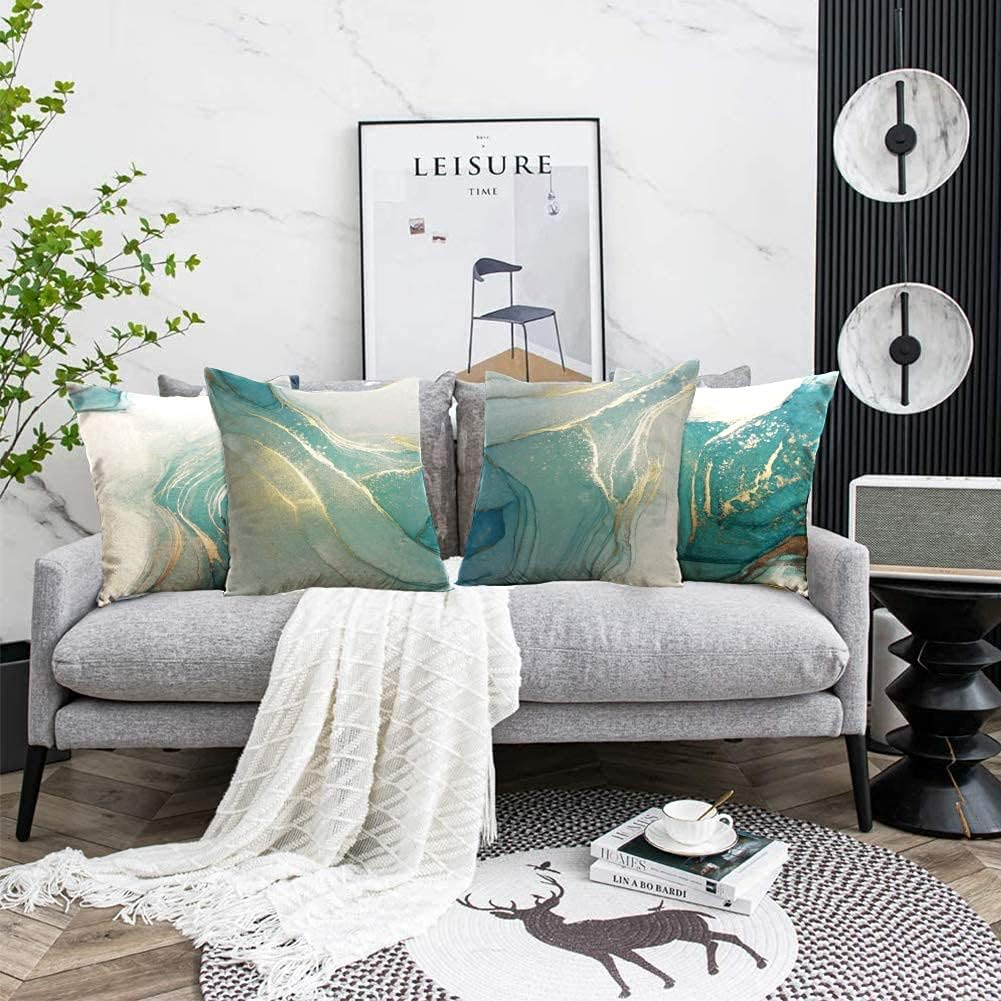 GALMAXS7 Marble Texture Turquoise and Gold Silver Decorative Throw Pillow Covers Luxury Abstract Fluid Art Ink Soft Velvet Pillow Case Square Cushion Covers for Couch Sofa 20 X 20 Inch Set of 4 image number 5