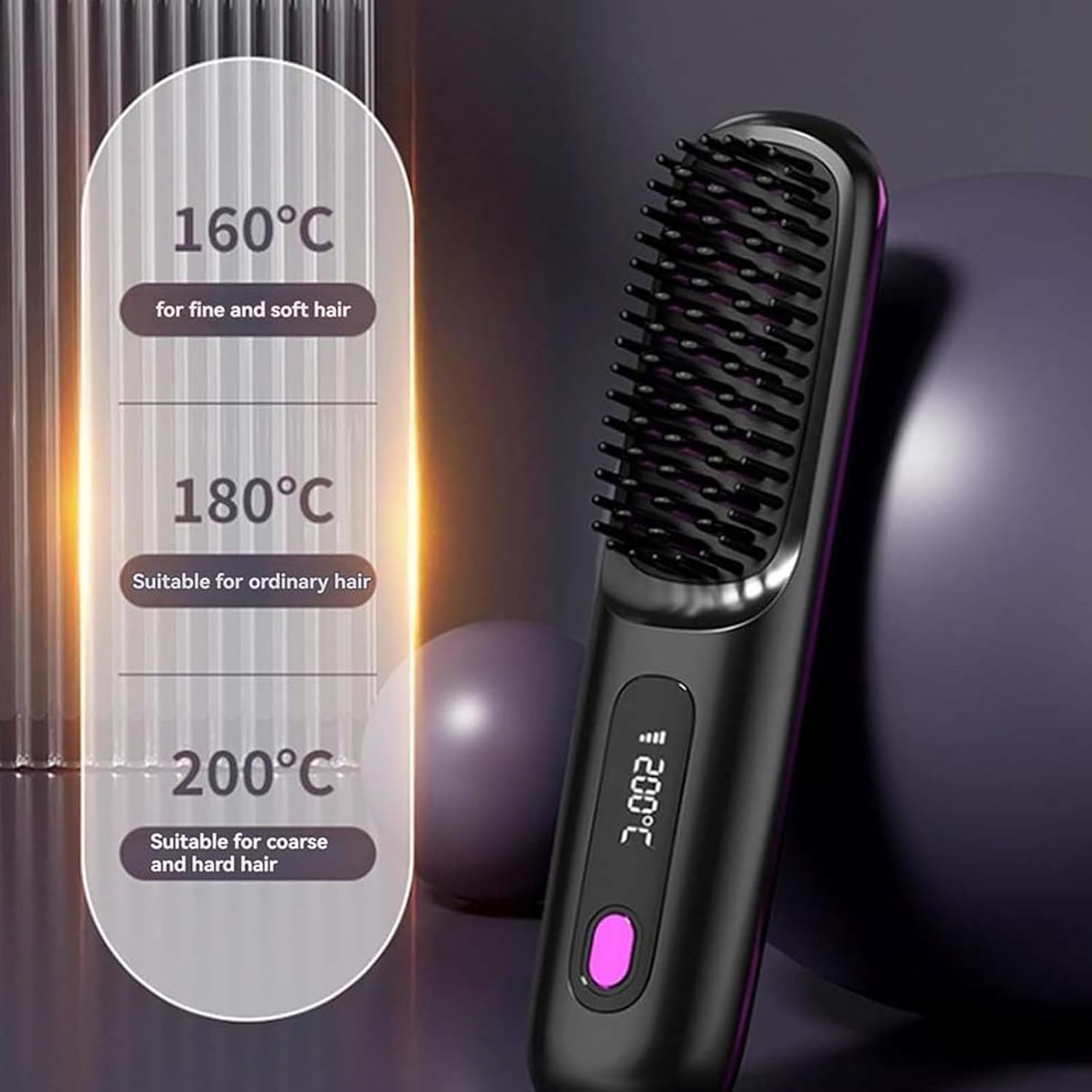 Gobrush Pro 2025, Gobrush Pro Hair Cordless, 2 in 1 for Straightening and Curling, with LED Display, 20S Fast Heat Up, 3 Temperature Settings (Purple) - Black image number 5