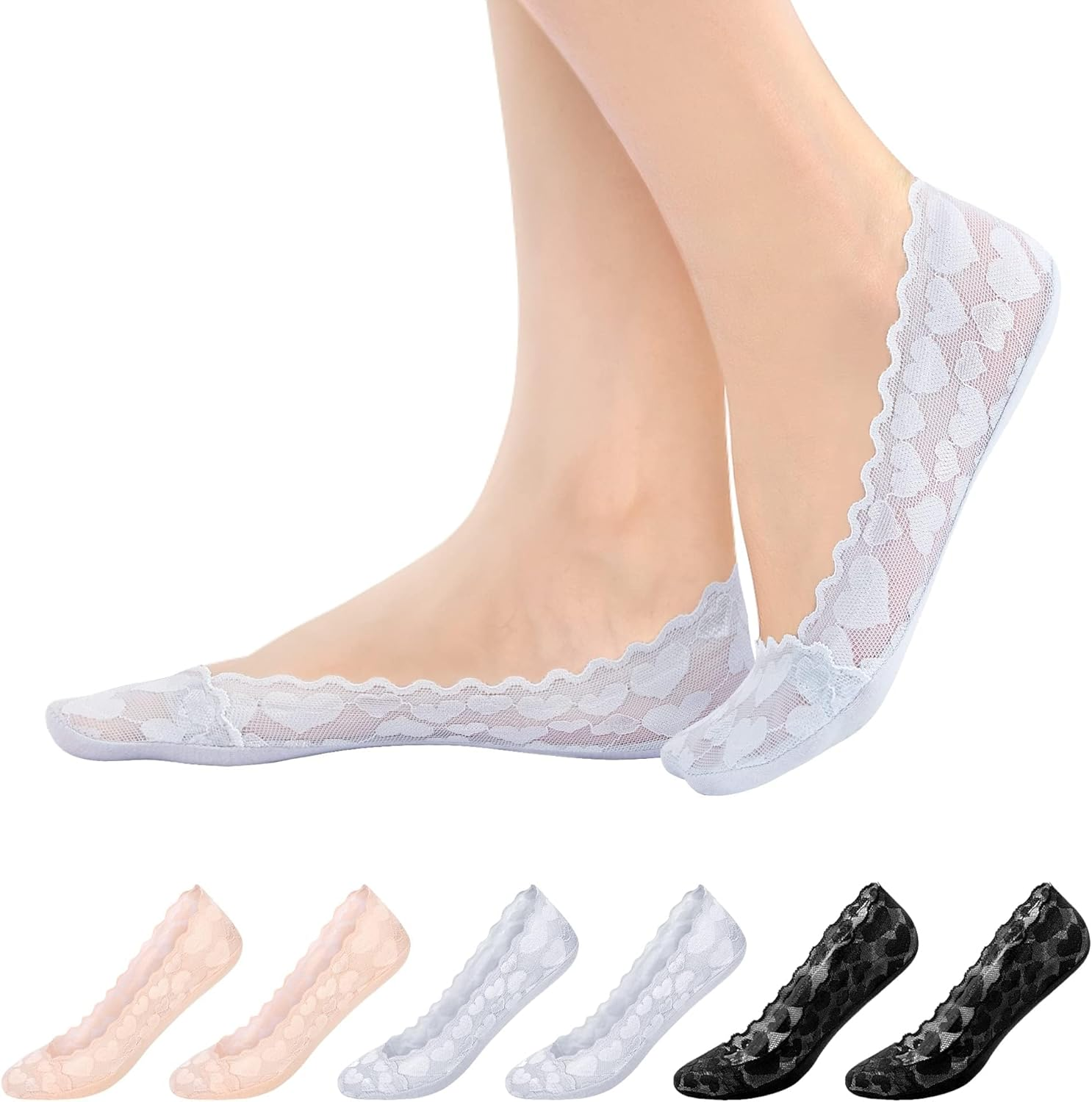 Women No Show Socks - 6 Pairs Non Slip Lace Invisible Socks, Ultra Low Cut Liner Socks Lace Boat Socks for Sneakers High-Heel Shoes - Flower-3Beige3Black image number 6