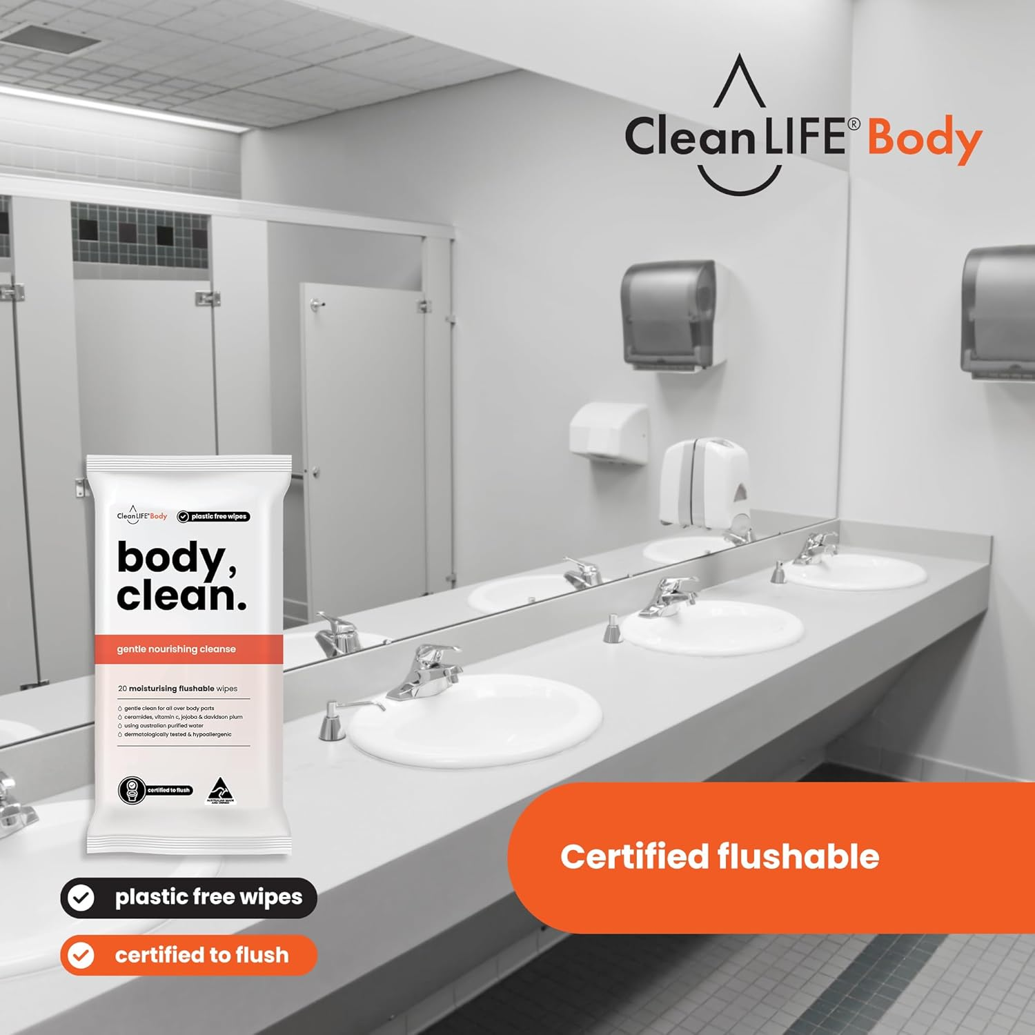 Cleanlife Flushable Body Wipes &ndash; No Rinse Shower Wipes for Adults, Plant-Based Fibre, Fragrance Free, Ceramides & Vitamin C, Skin Nourishing Towelettes, 20 Wipes, 12 Packs image number 3