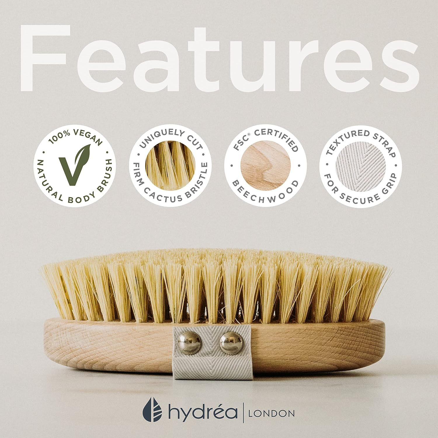 Hydrea London Body Brush - Exfoliating Dry Scrubber, Cellulite Remover, & Skin Exfoliator, Helps Improve Lymphatic Flow - 100% Vegan, FSC&reg; Certified Beechwood, & Natural Cactus Bristle