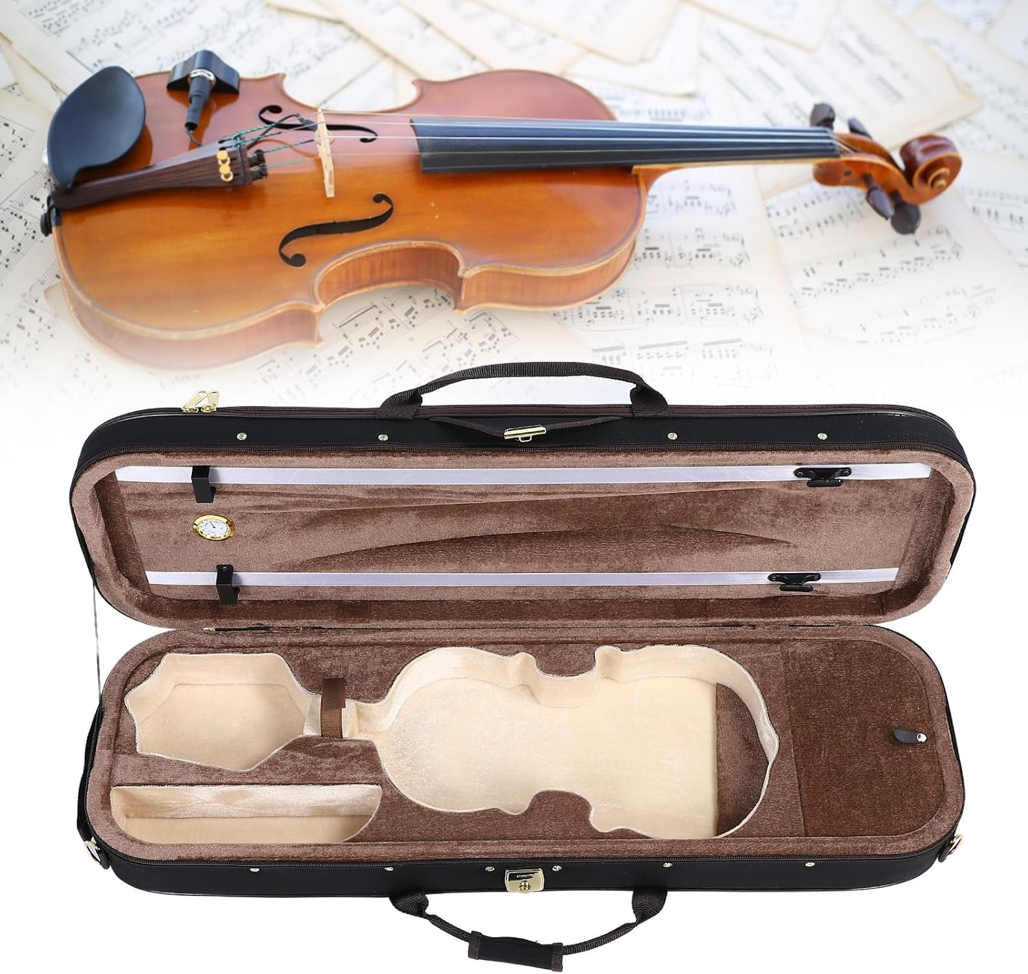 4/4 Violin Case, Full Size Professional Oblong Violin Hard Case with Hygrometer, Lightweight Portable Backpack Style Violin Oblong Case with with Carry Straps & Foam Interior image number 5