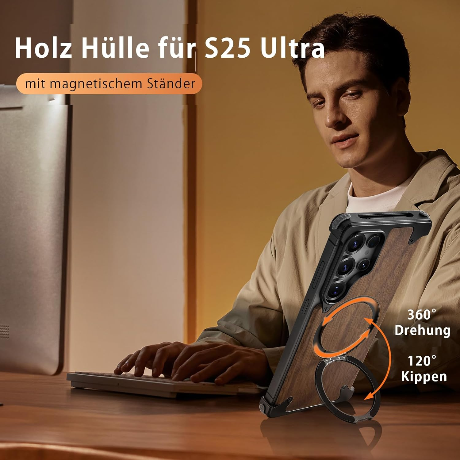 NIFBANG Wooden Case for Samsung Galaxy S25 Ultra with Magsafe, 360&deg; Rotatable Magnetic Stand, Wooden Phone Case, Frameless Thin Anti-Scratch Shockproof Mobile Phone Case for S 25 Ultra Protective Case image number 5