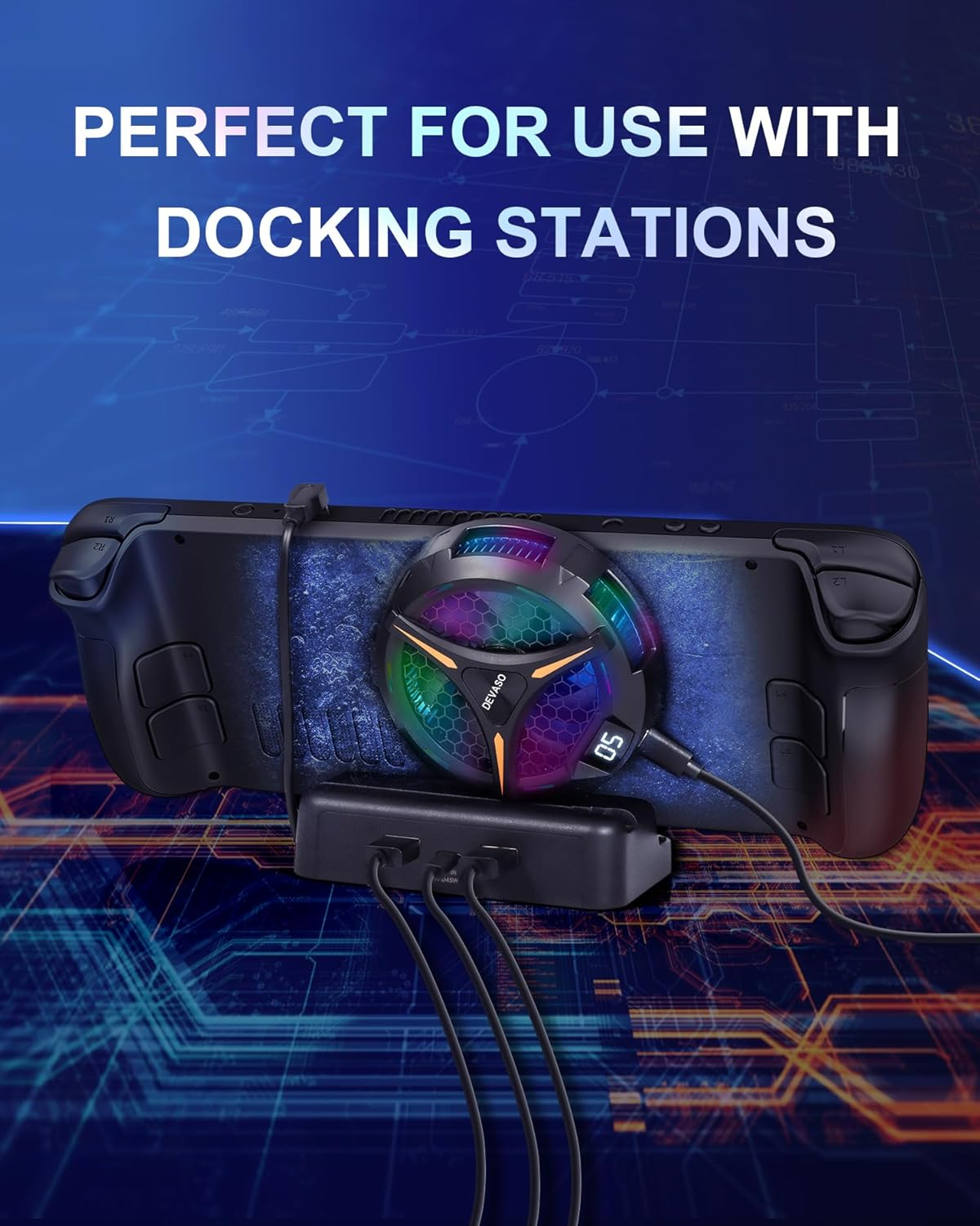 DEVASO Steam Deck Fan Cooler, Semiconductor Heatsink Cooling with 7-Blade Fan/Two-Speed Fan Settings/ 7-Color Cycle, Magnetic Cooler for Steam Deck OLED, Playstation Portal, ASUS ROG Ally Etc. image number 2
