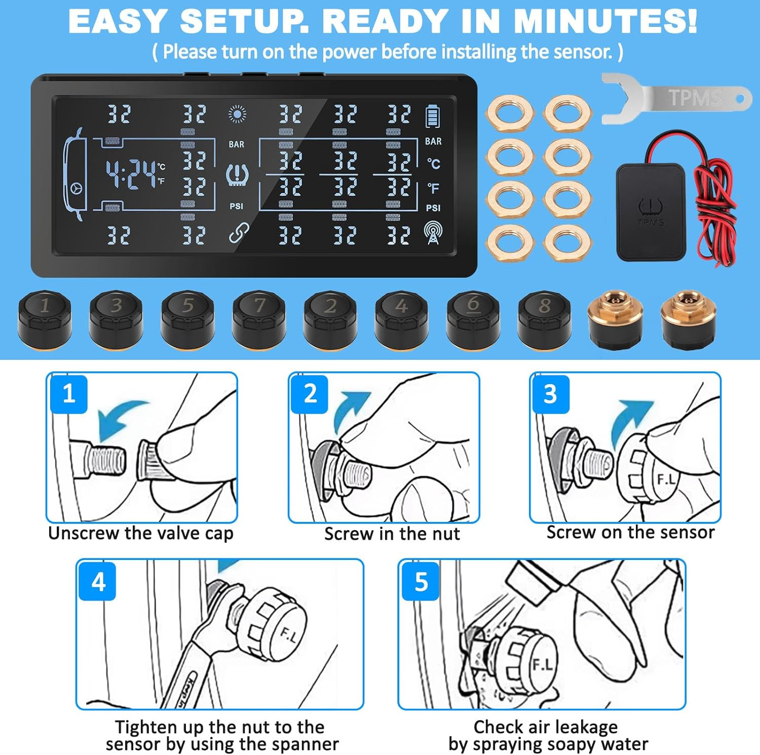 Avutrel TPMS Tyre Pressure Monitoring System Solar & USB Charging Tyre Pressure Monitor with 10 External Sensors, LCD Display & Voice Alarm, Adjustable for 4/6/8/10 Wheels Fits Car, Truck, Trailer image number 5
