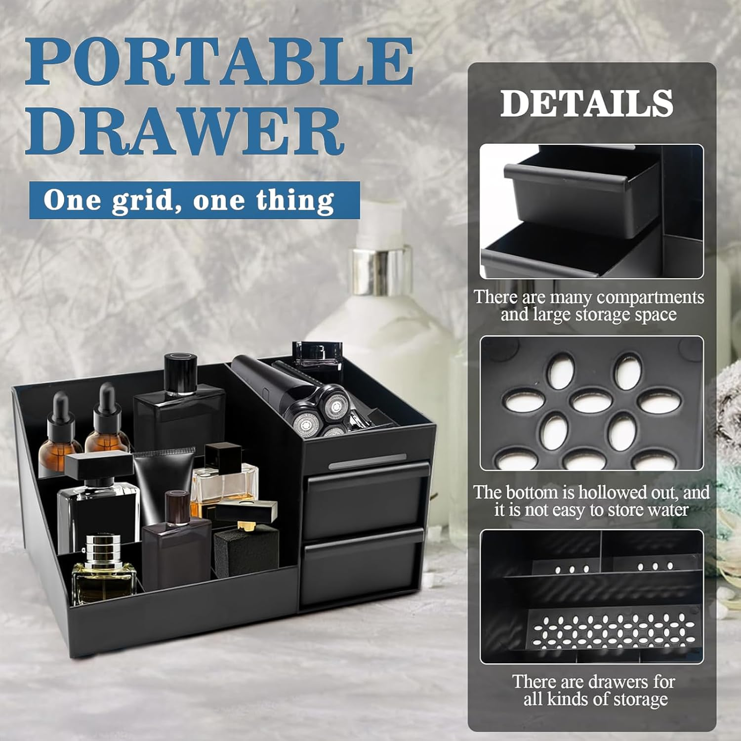 Black Perfume Display Stand with Drawers, Countertop Organizer for Perfume, Cologne, and Accessories, Bathroom Storage Rack for Men and Women, Multi-Purpose Vanity Organizer (26 X 16 X 12 Cm)