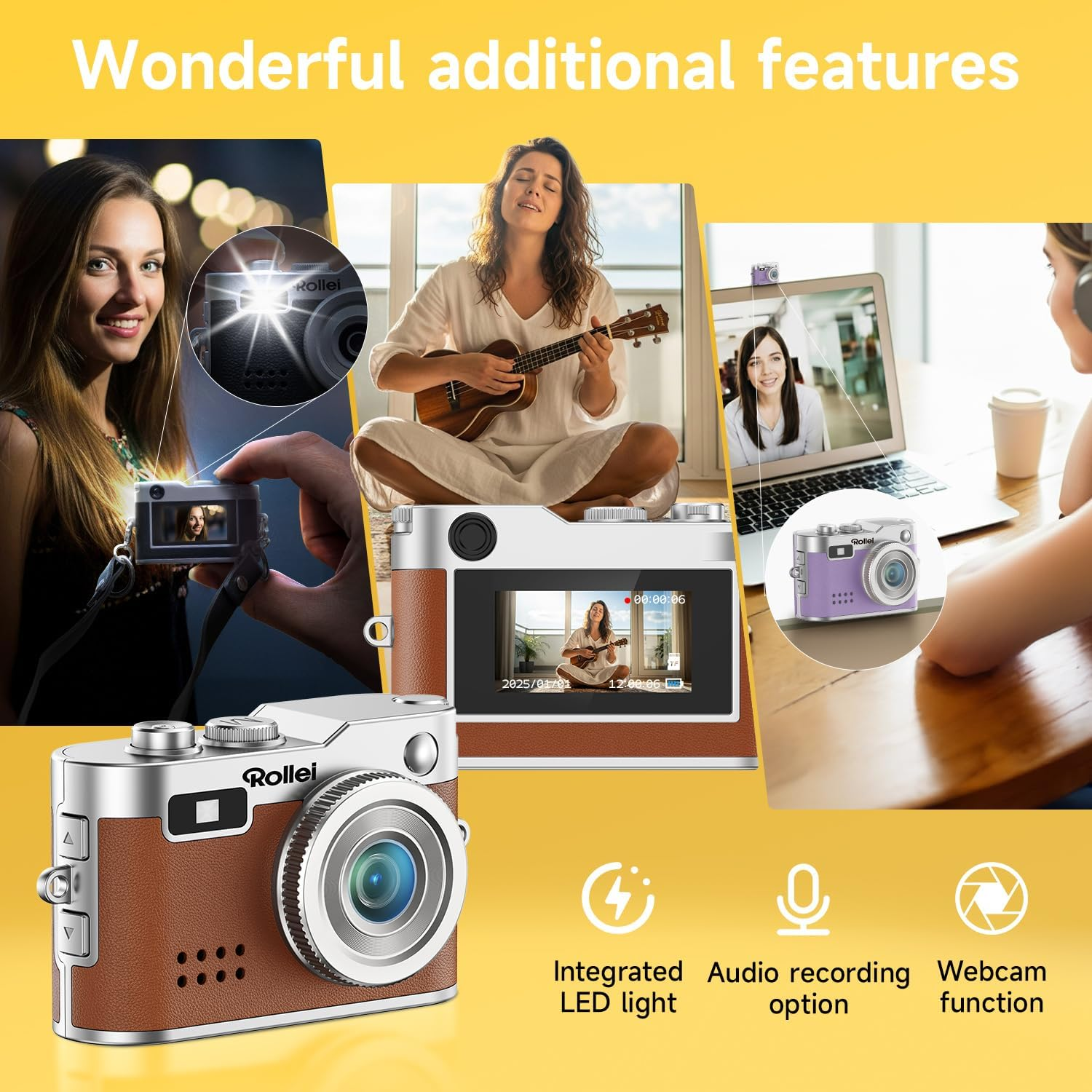Rollei Mini Digital Camera Vintage Brown 1080P FHD Small Retro Digital Camera with 0.96 Inch Colour Screen 2MP Thumb Camera with Flash & Recording image number 3