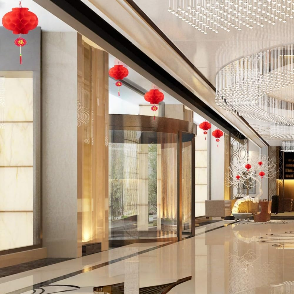 Lucky Red Chinese Lanterns, 20 Pack Honeycomb Balls Decoration Waterproof Plastic Paper Lantern Hanging Lanterns for Chinese Spring Festival Wedding Festive Decorations 10 Inch image number 2