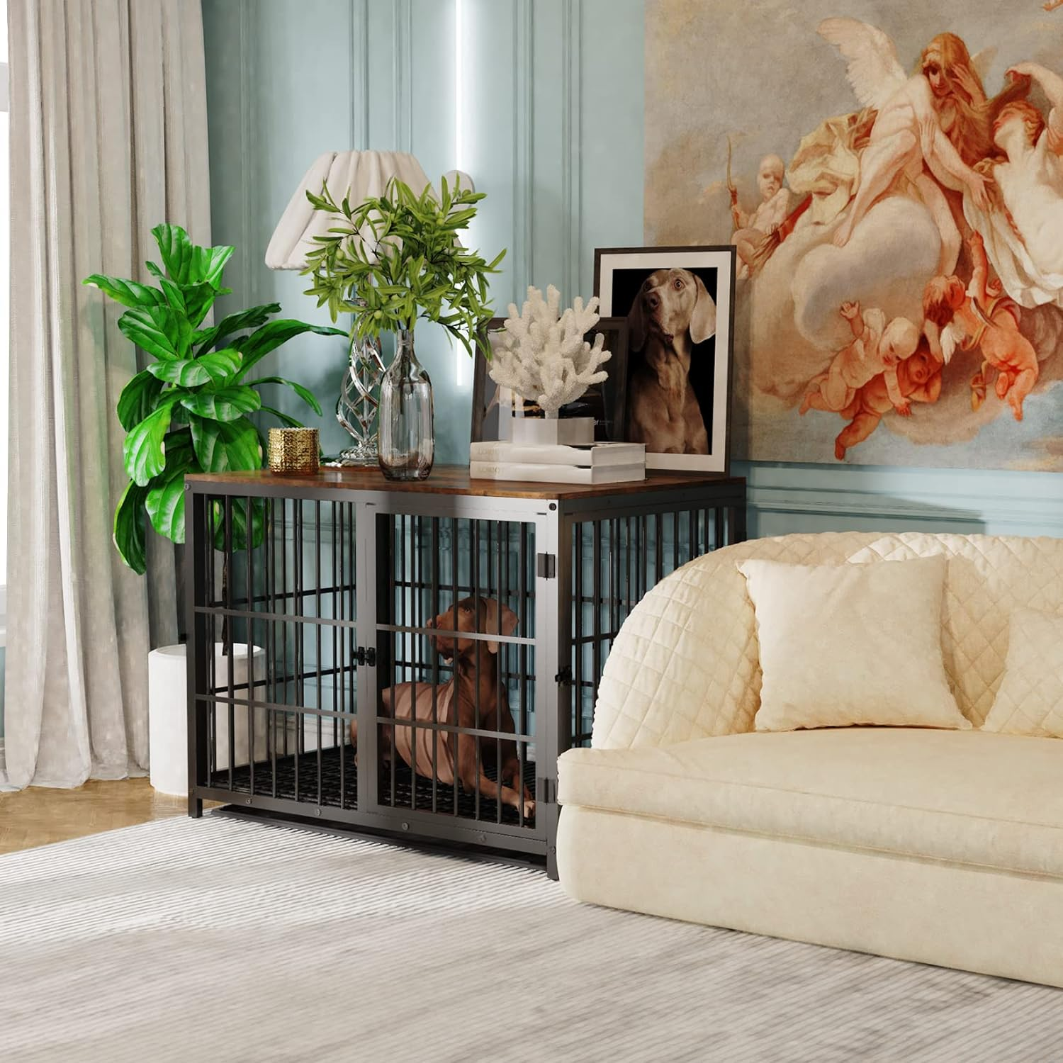 Bingopaw Wooden Dog Crate Indoor: 42Inch Furniture Style Extra Large Pet Cage Pet Kennel End Table with Three Doors and Removable Tray for Large Dogs Black image number 2