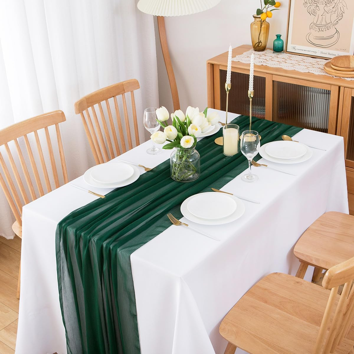 CHUQING Table Runner Dark Green Chiffon Long Table Runners 27X120 Inches Sheer Wedding Runner image number 3