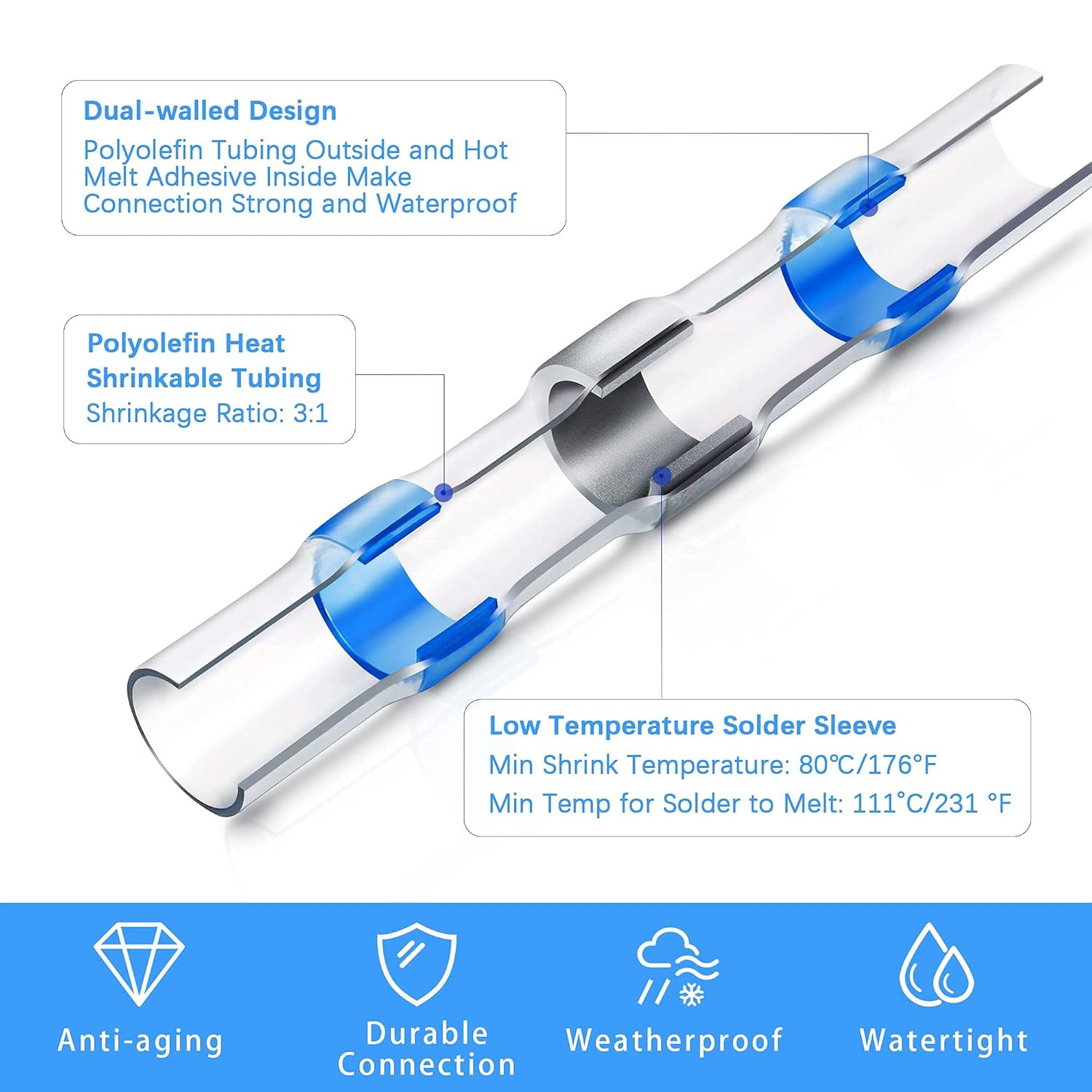 Kuject Solder Seal Wire Connectors, Waterproof Insulated Heat Shrink Butt Terminals Splice Connectors for Marine Automotive Car Boat (400) image number 3