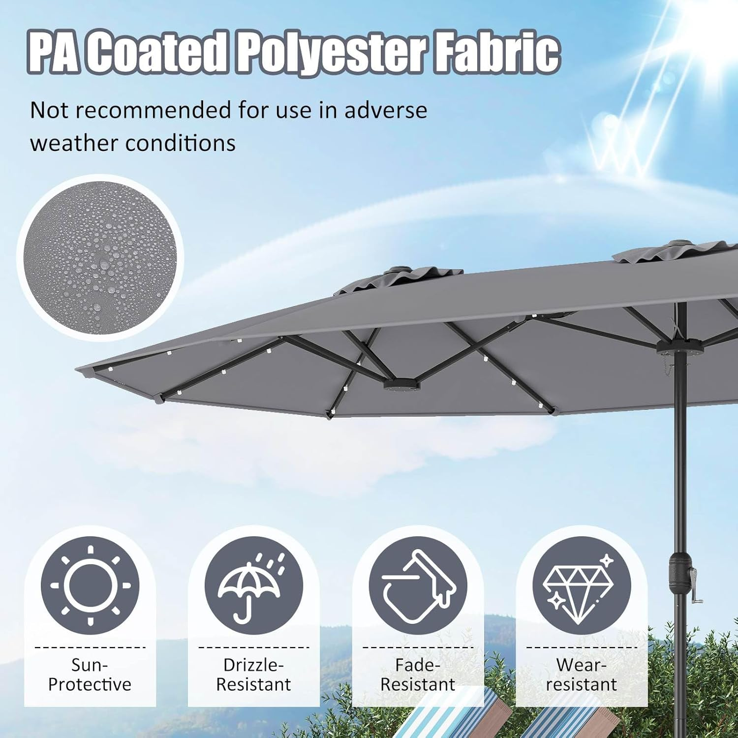 Costway 4 M Double-Sided Patio Umbrella with Base & Solar Lights, Outdoor Twin Umbrella W/ 48 LED Lights, Crank Handle, Air Vents, Oversized Rectangle Market Umbrella for Poolside Garden image number 1