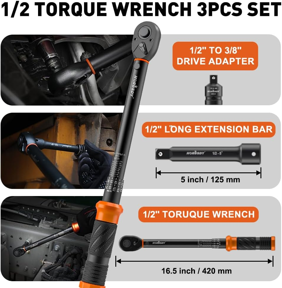 HORUSDY 1/2" Drive Click Torque Wrench Set, 13.6&ndash;230.5 Nm / 10&ndash;170 Ft-Lb, Dual Scale, &plusmn;3% Accuracy, Reversible Ratchet with Extension Bar & Adapter &ndash; Heavy Duty for Automotive & Mechanical Use image number 4