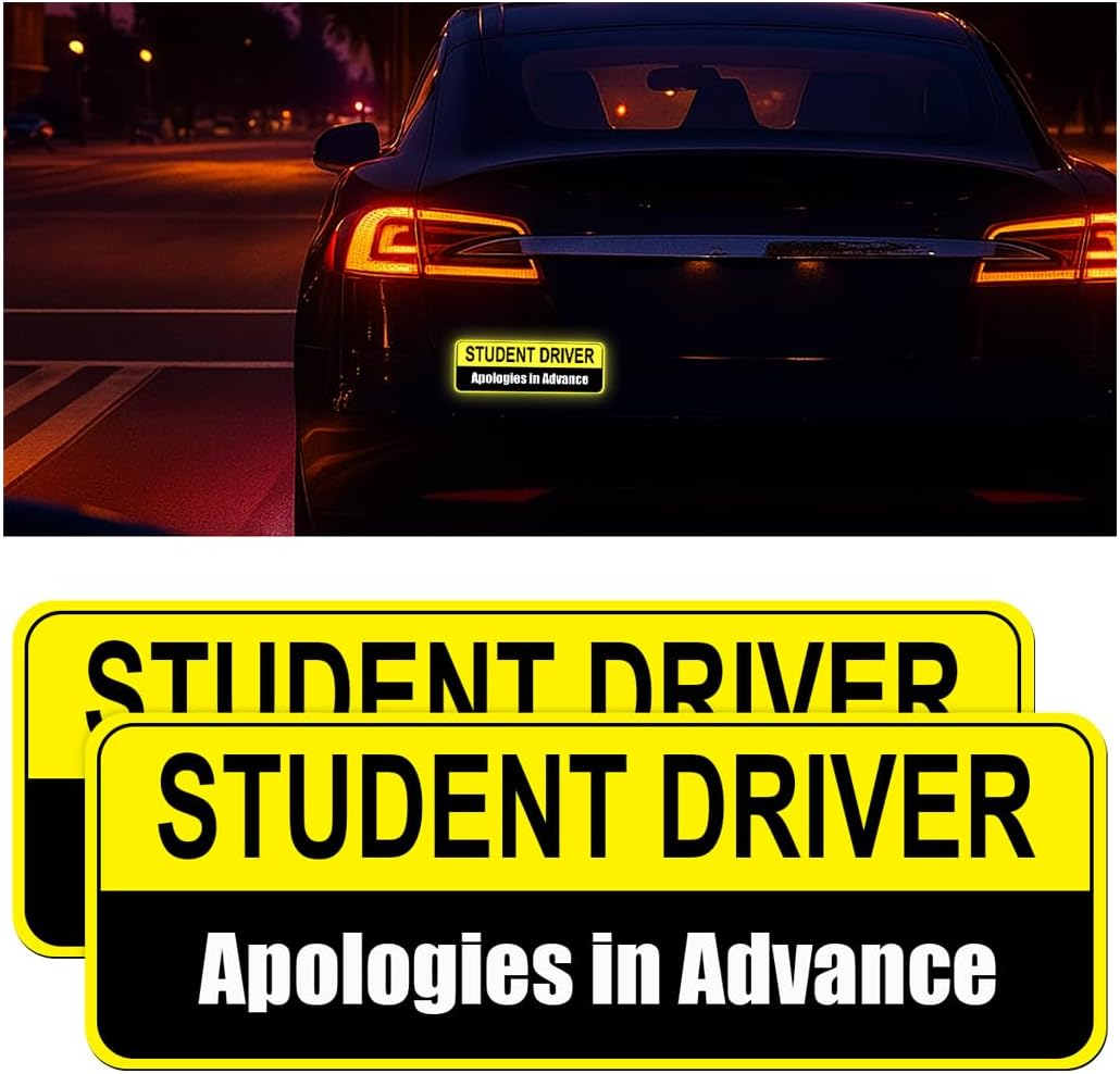 Sandfren Car Student Driver Magnet, 2PCS Funny Reflective Magnetic Waterproof Vehicle Safety Attention Sign Bumper Sticker, Automotive Exterior Warning Decal, Universal for SUV Sedan Truck image number 1