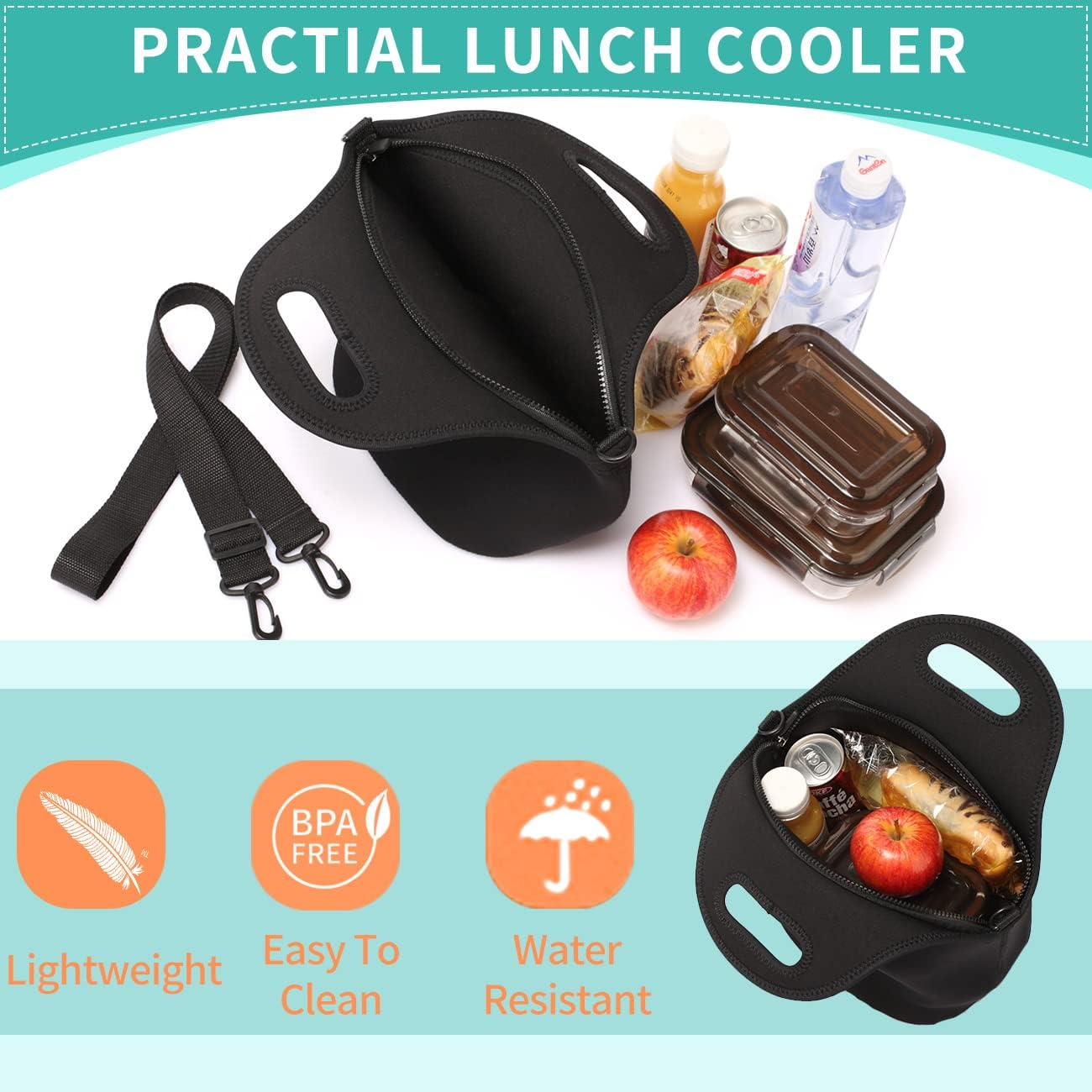 Lunch Bag for Women, Vaschy Big Girls' Neoprene Insulated Container Men Cooler Bag for Work, School, Picnic with Detachable Adjustable Shoulder Strap Classic Black image number 3