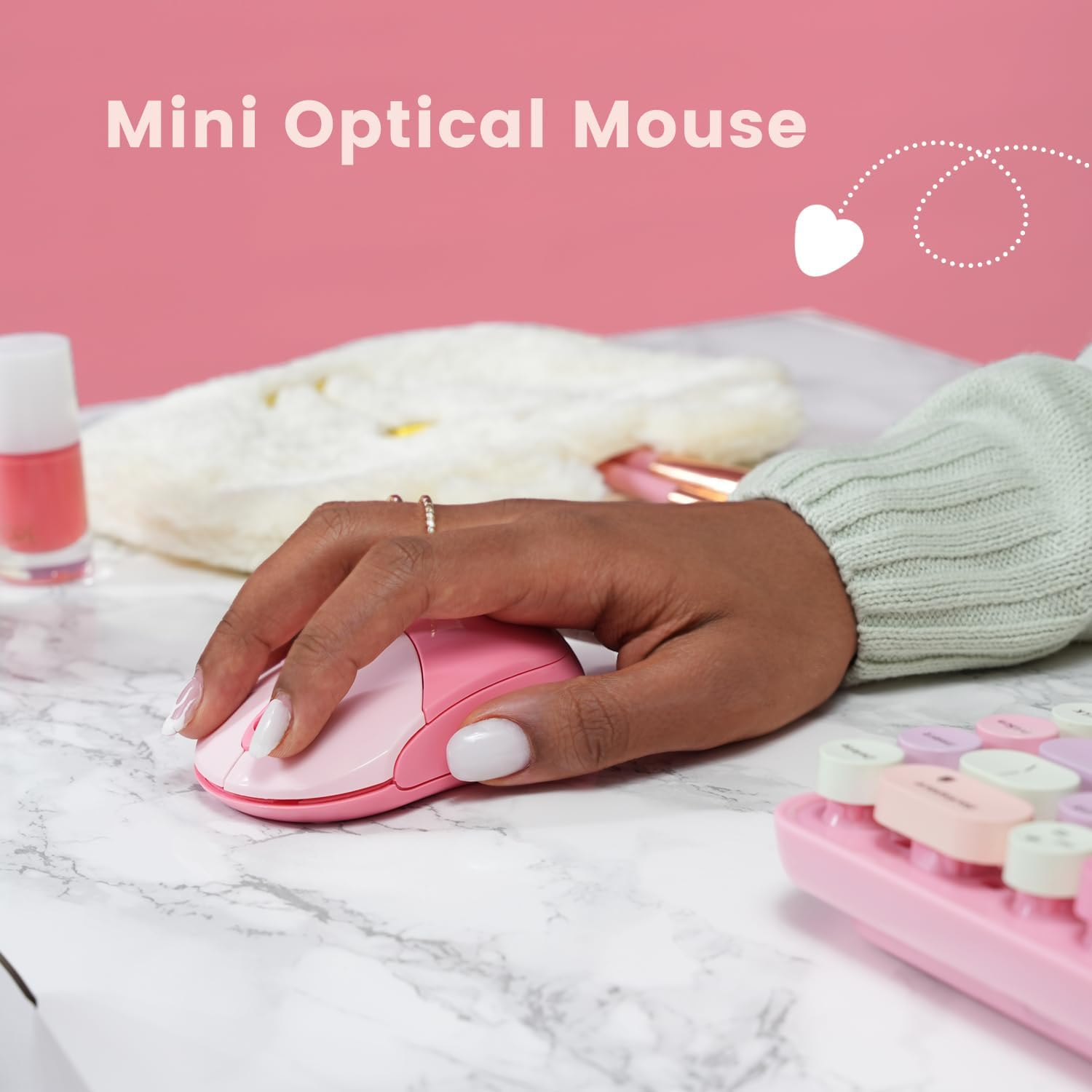 Perixx PERIDUO-802PK Bluetooth Mini Keyboard and Mouse Combo - Retro round Key Caps - Pastel Pink - US English image number 5