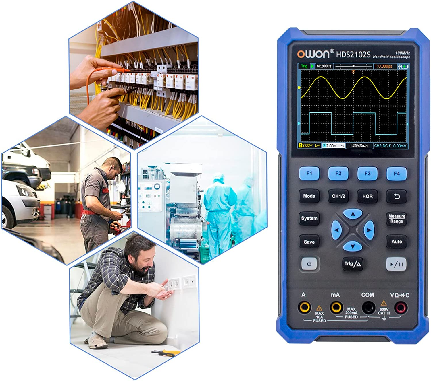 OWON HDS2102S 2CH Handheld Oscilloscope 100Mhz Bandwidth 20000 Counts Multiumeter OSC + DMM + Waveform Generator image number 5