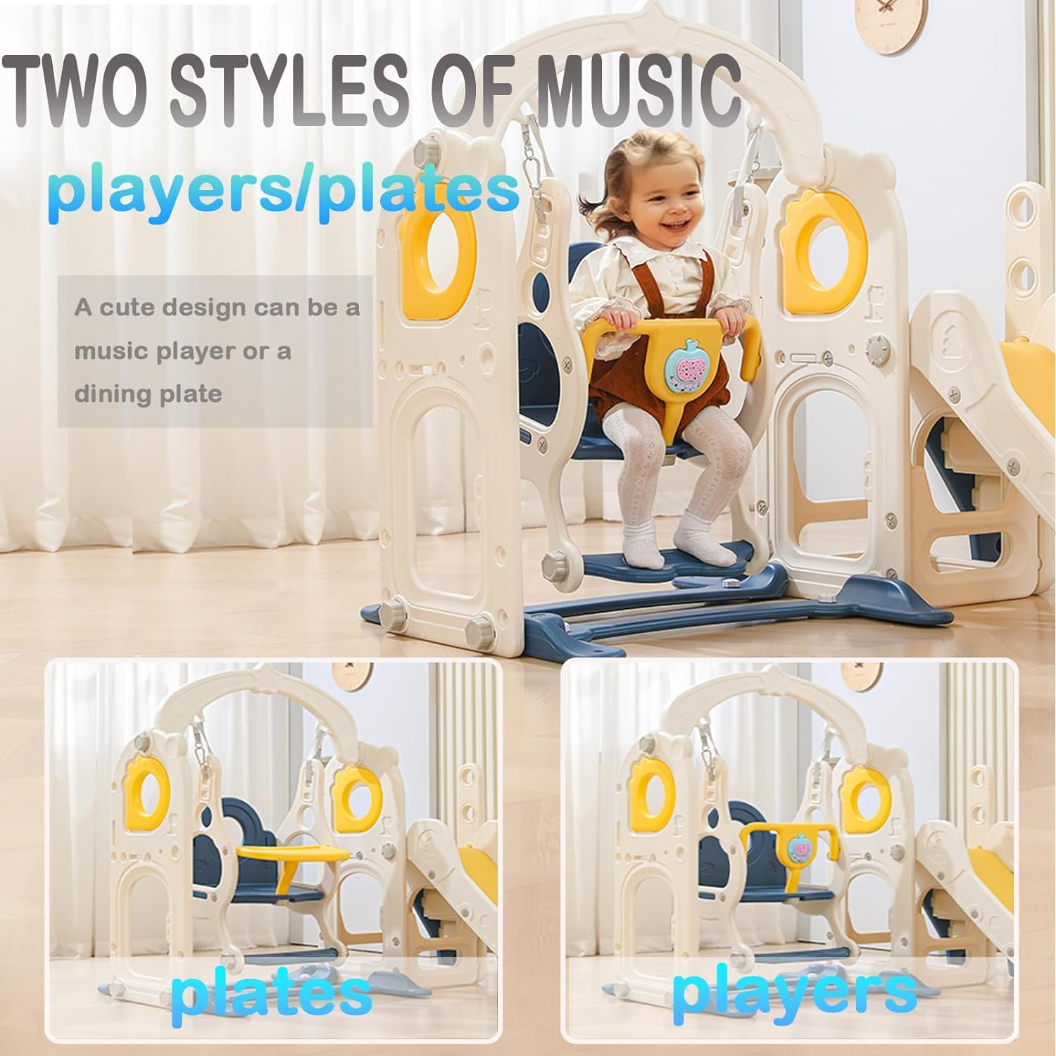 Kids Slide and Swing Set, 7In1 Toddler Slide Playset with Adjustable Swing and Dining-Plate, Basketball Hoop, Ball and Climb Stairs Kids Playset Indoor Outdoor Backyard with Music Player image number 1